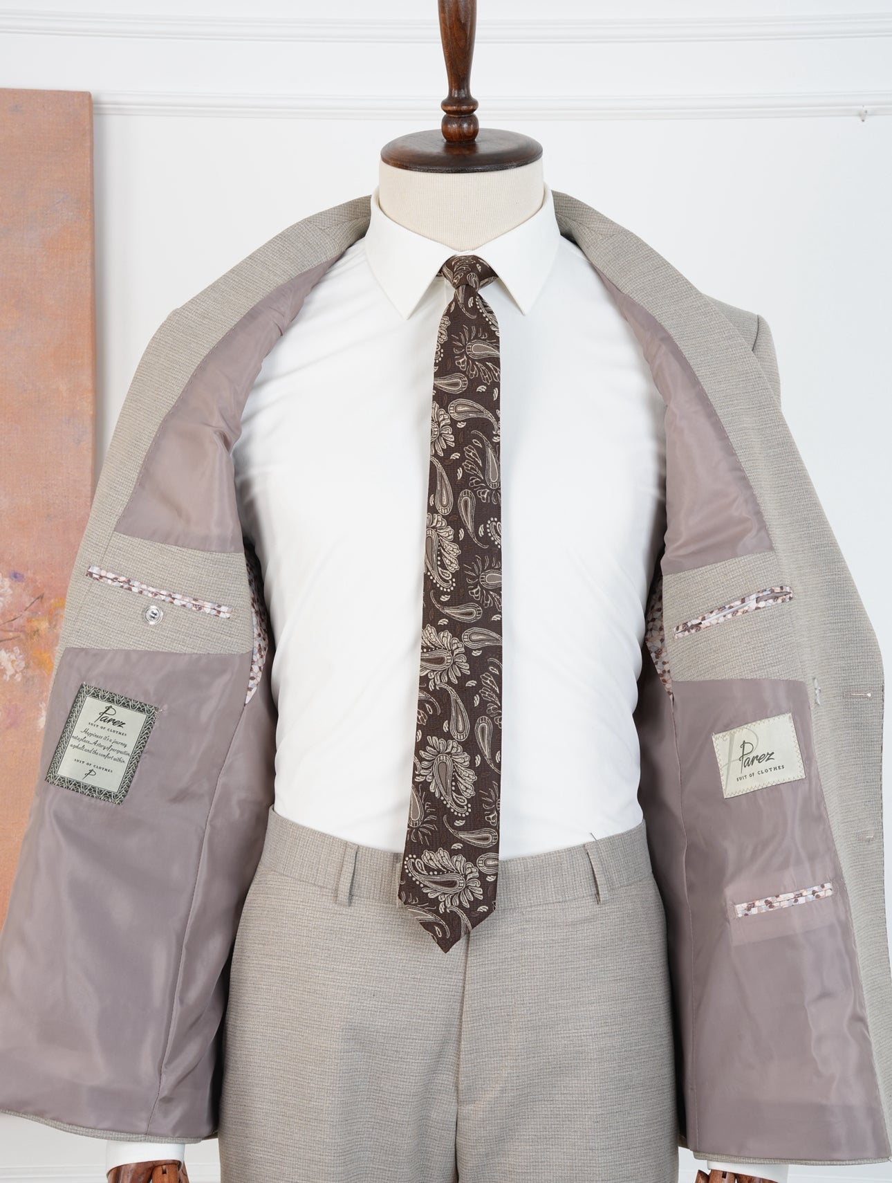 Beige Micro Grid Parez Suit