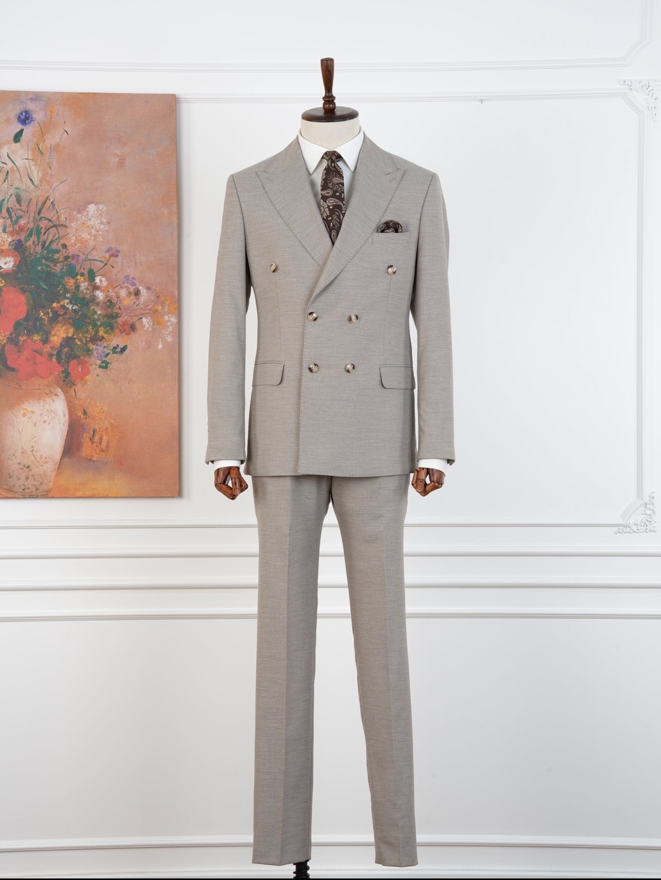 Beige Micro Grid Parez Suit