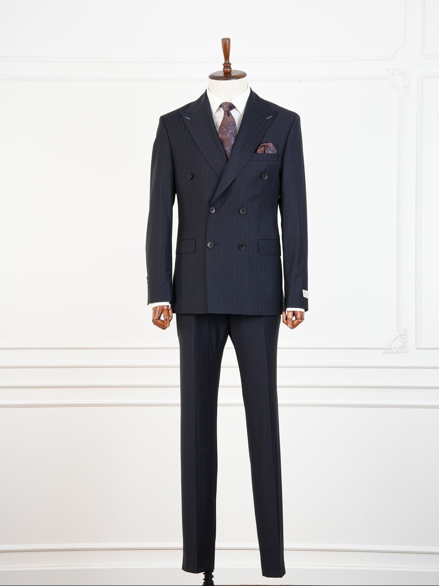 Midnight Navy Wool Suit – Formal Double Breasted Pinstripe