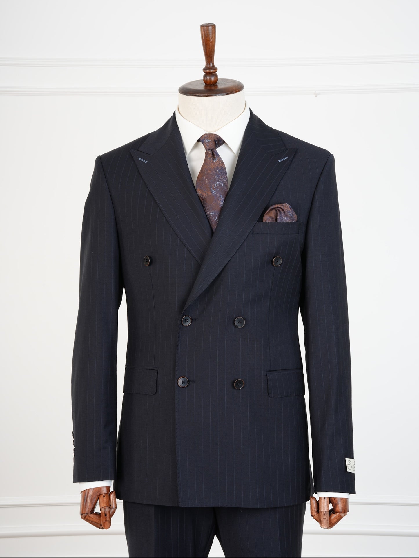 Midnight Navy Wool Suit – Formal Double Breasted Pinstripe