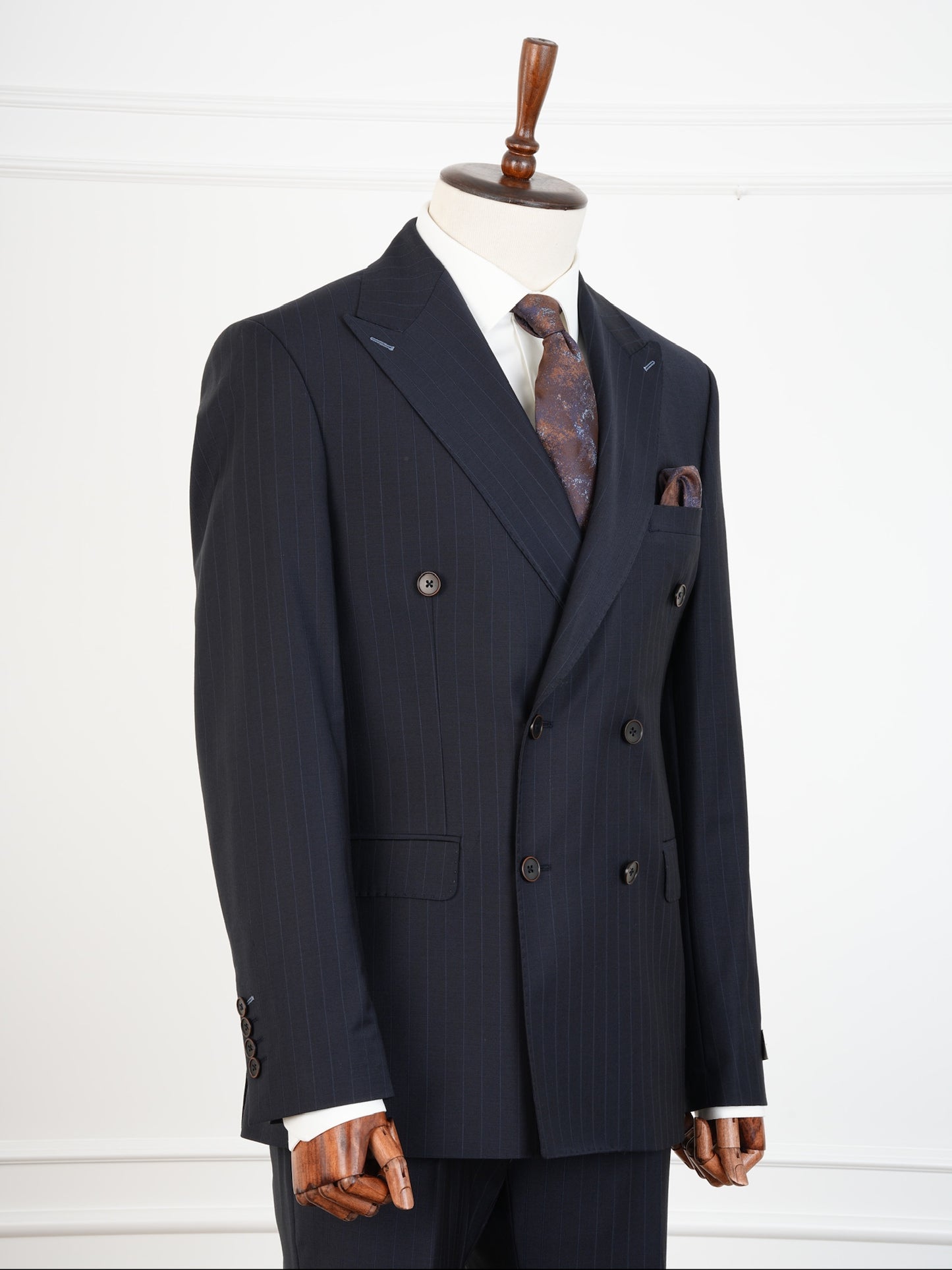 Midnight Navy Wool Suit – Formal Double Breasted Pinstripe