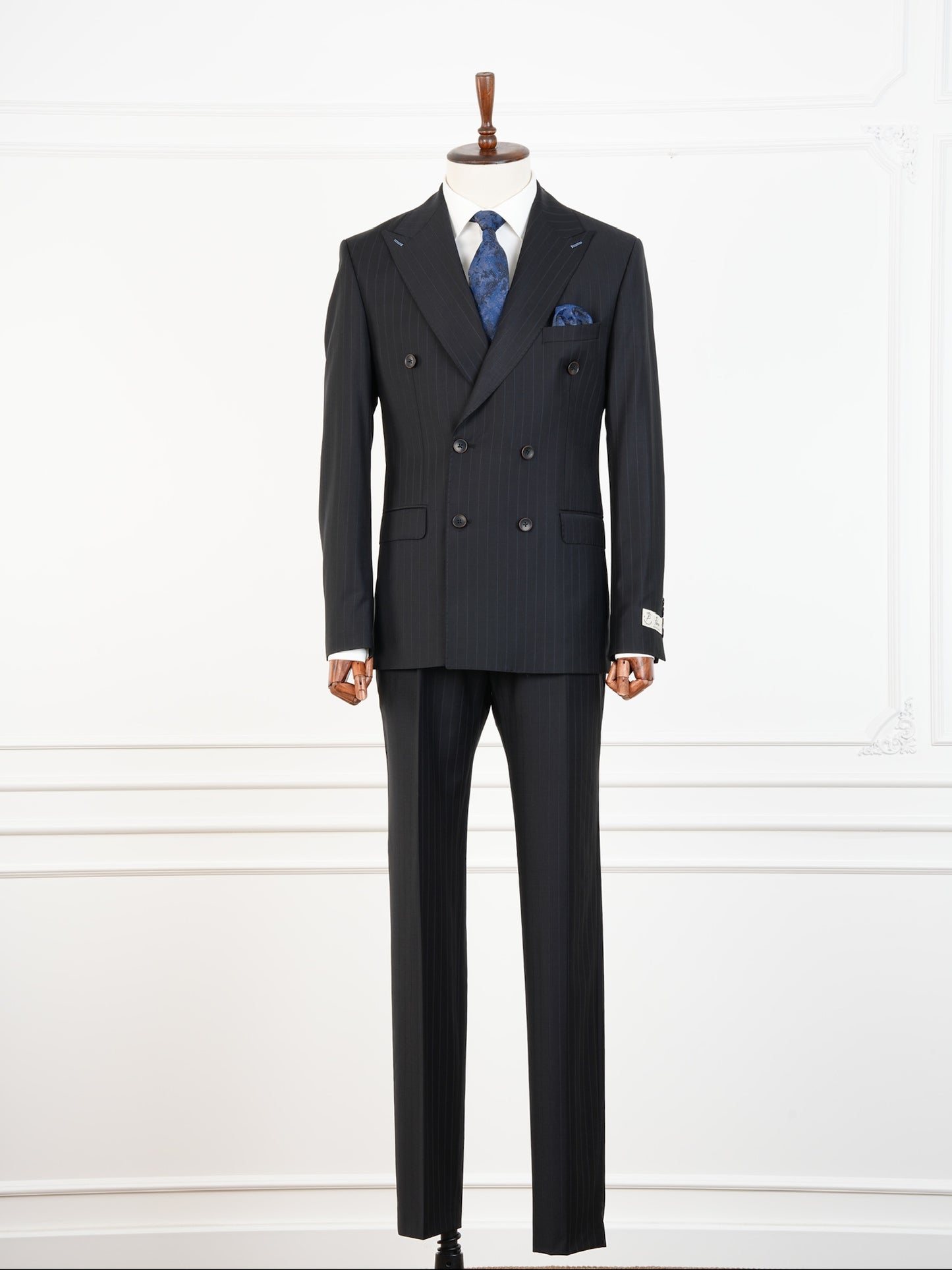 Charcoal Black Wool Pinstripe Suit – Double Breasted Sophistication