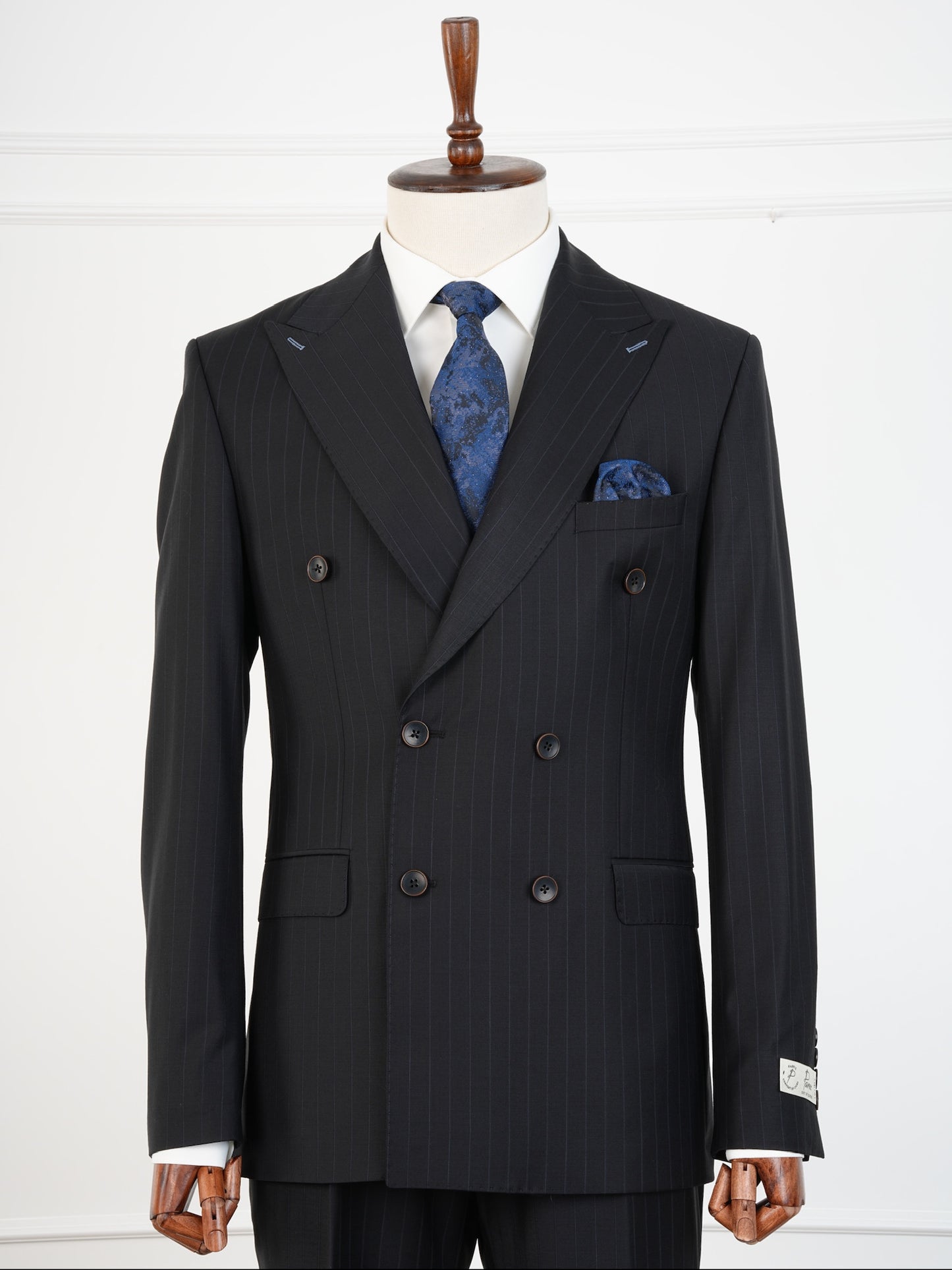 Charcoal Black Wool Pinstripe Suit – Double Breasted Sophistication