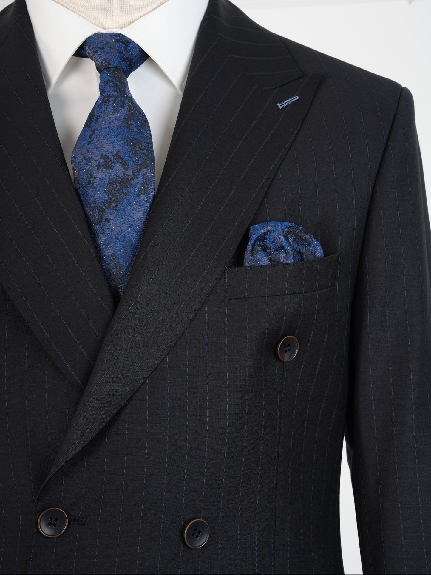 Charcoal Black Wool Pinstripe Suit – Double Breasted Sophistication