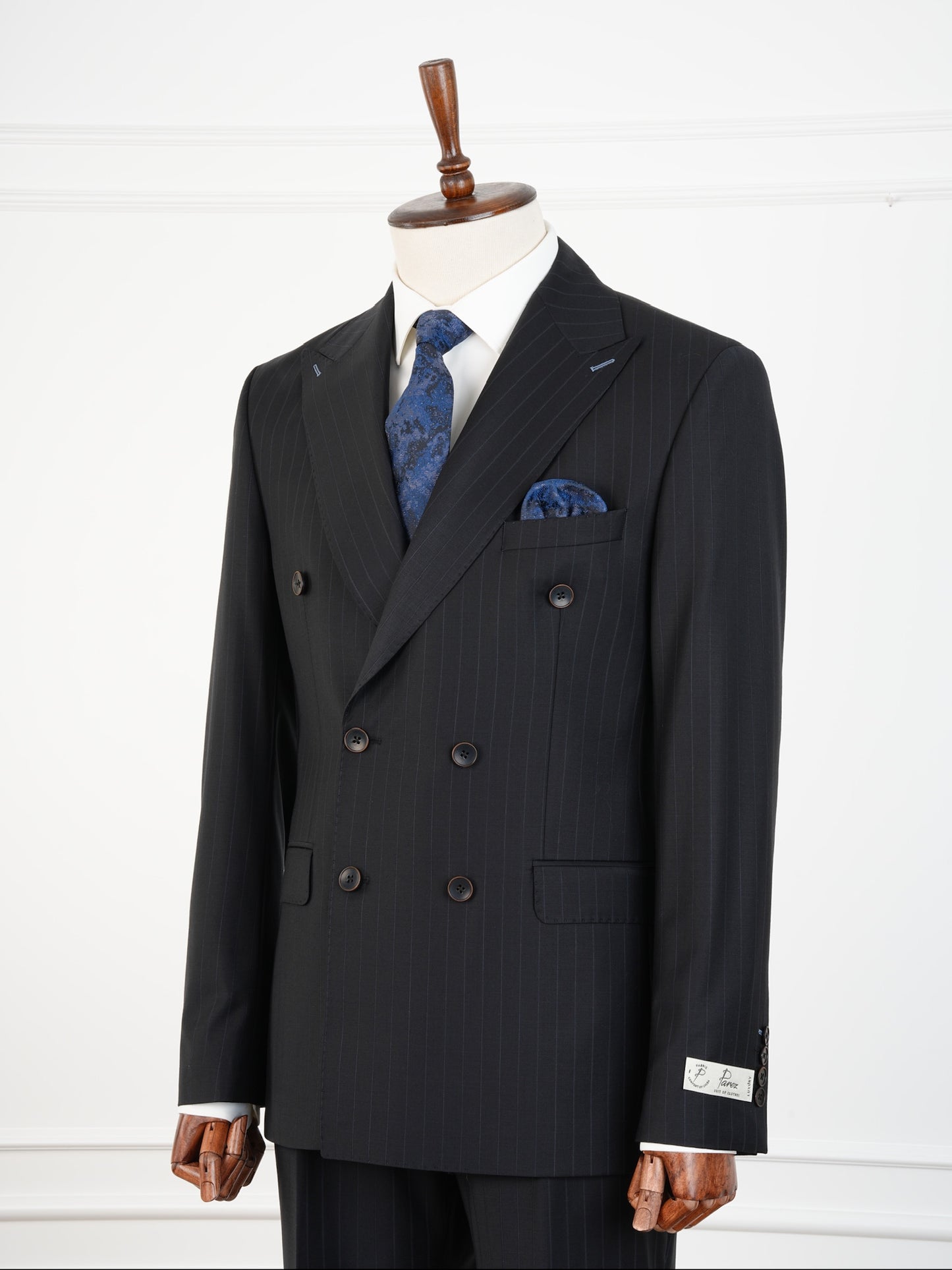 Charcoal Black Wool Pinstripe Suit – Double Breasted Sophistication