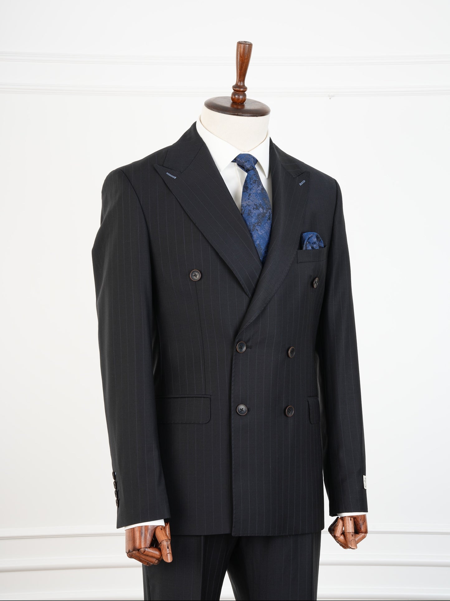 Charcoal Black Wool Pinstripe Suit – Double Breasted Sophistication