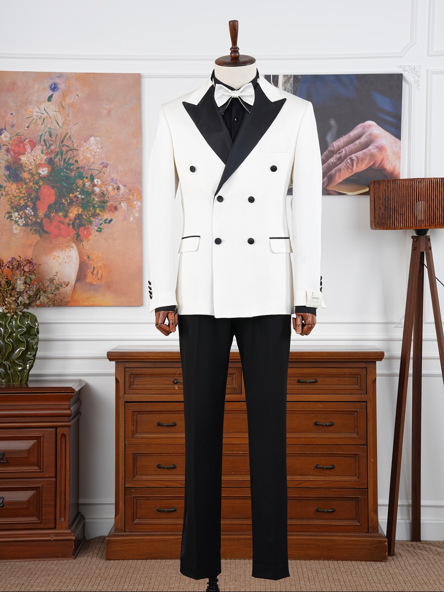 The Casablanca – White Double-Breasted Tuxedo Set with Black Satin Accents