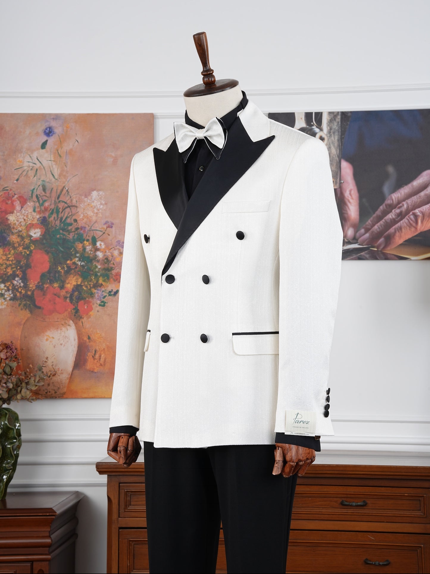 The Casablanca – White Double-Breasted Tuxedo Set with Black Satin Accents