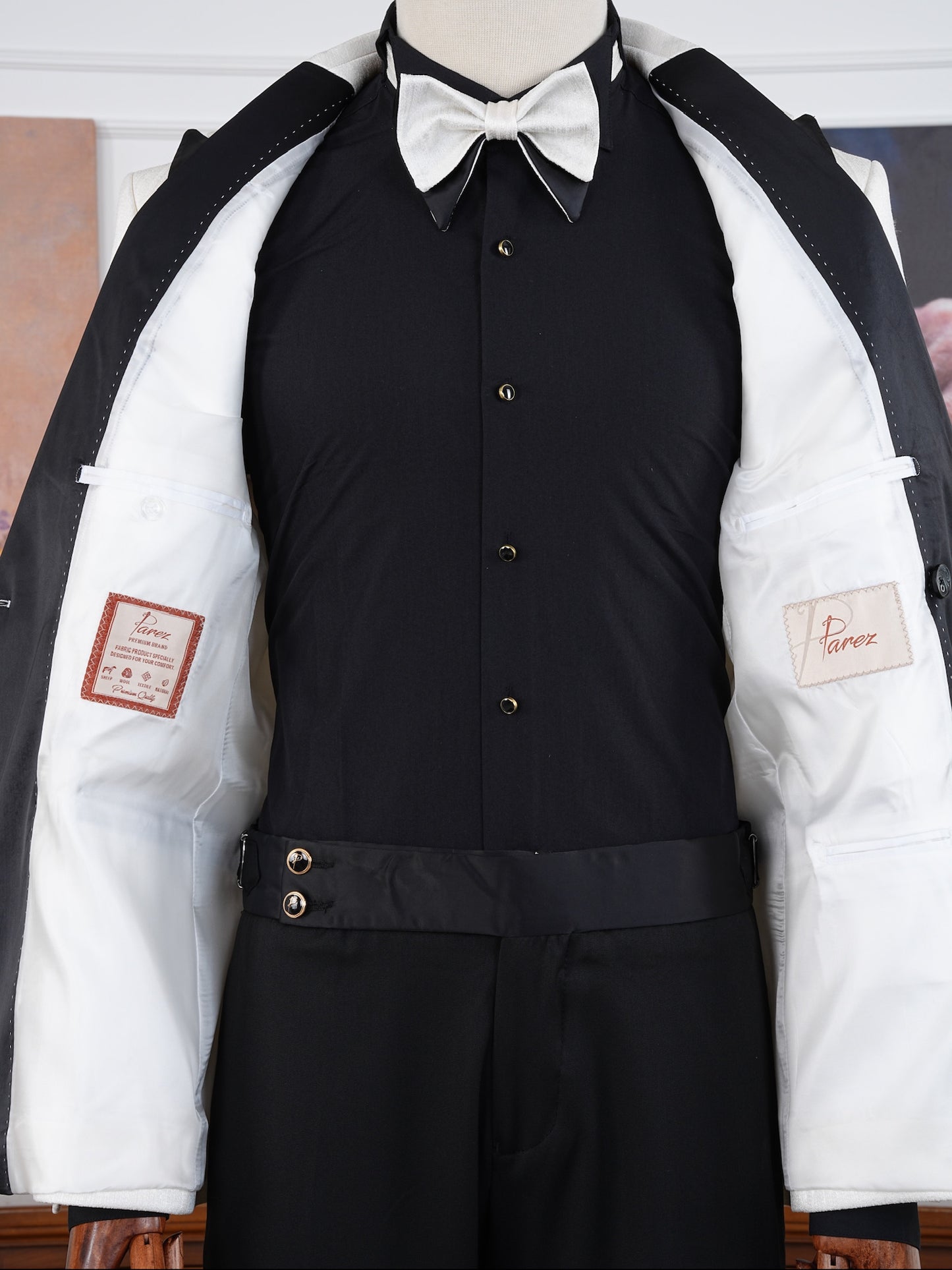The Casablanca – White Double-Breasted Tuxedo Set with Black Satin Accents