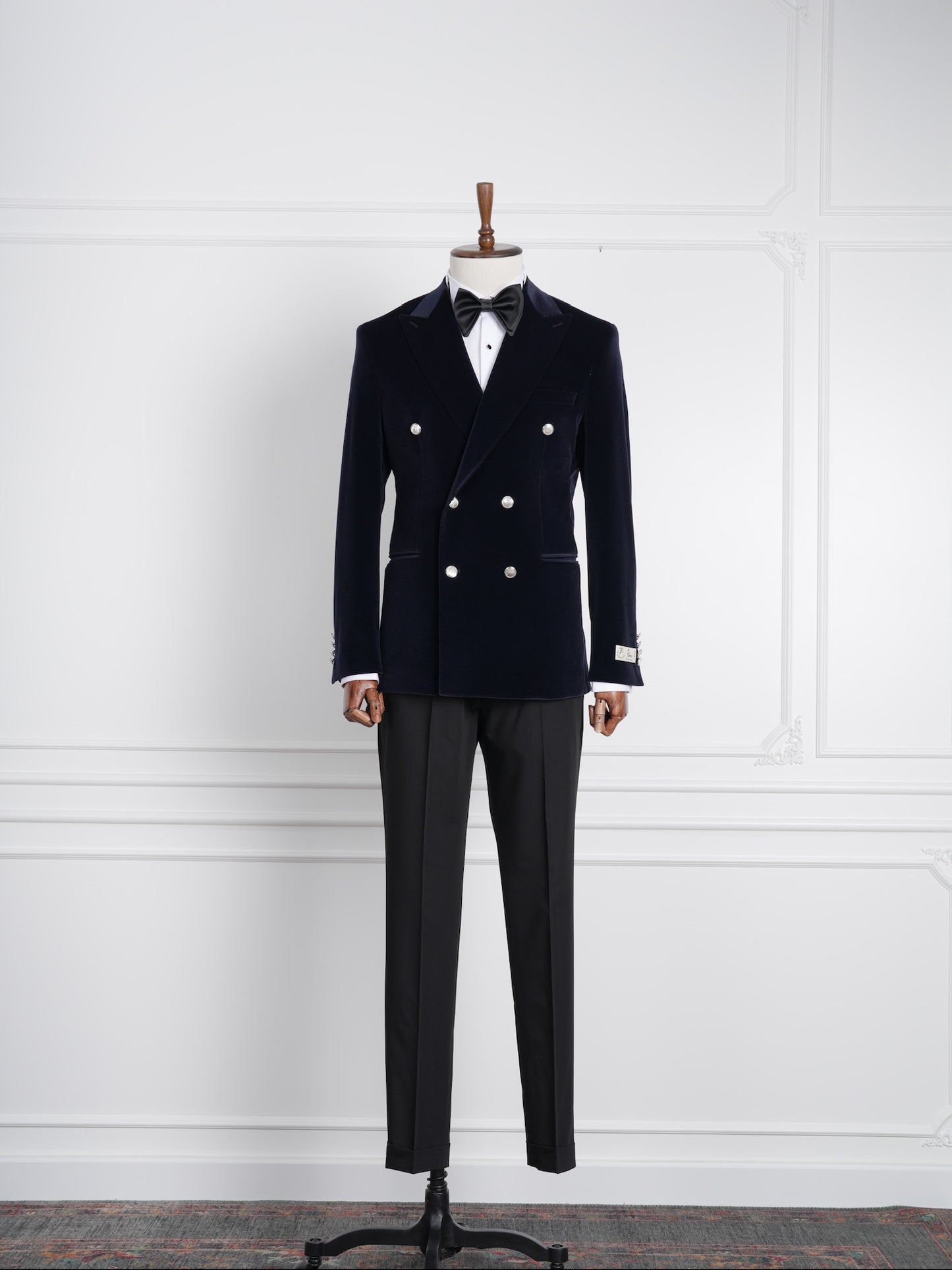 The Regent – Navy Velvet Double-Breasted Party Tuxedo with Satin Lapel & Silver Buttons