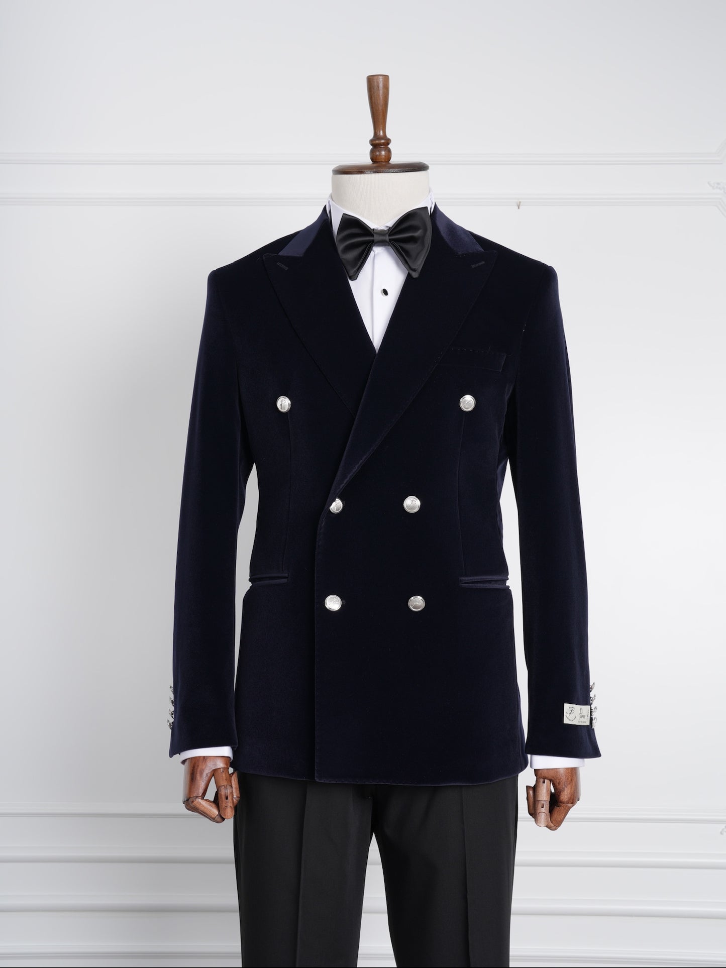 The Regent – Navy Velvet Double-Breasted Party Tuxedo with Satin Lapel & Silver Buttons