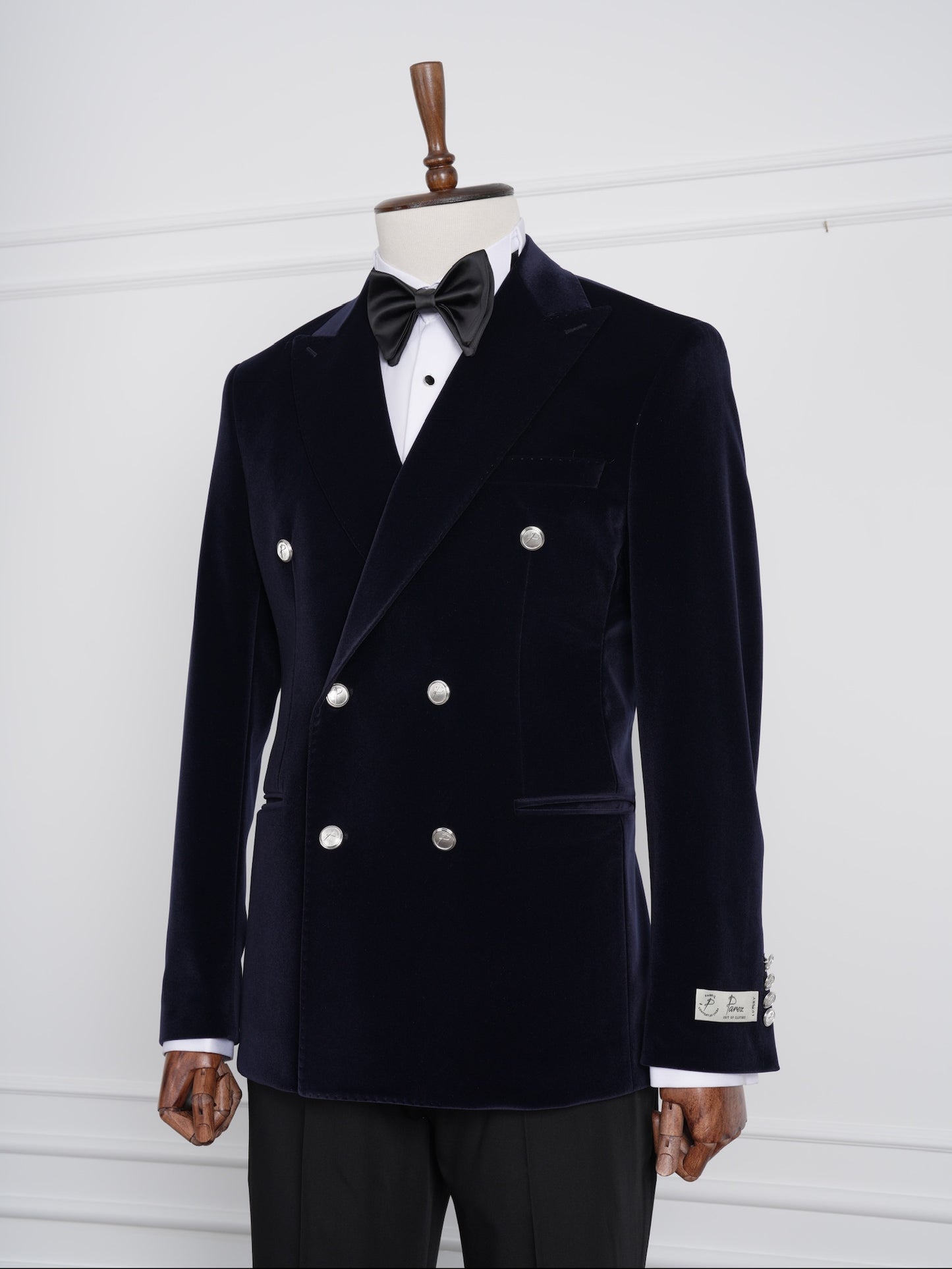 The Regent – Navy Velvet Double-Breasted Party Tuxedo with Satin Lapel & Silver Buttons