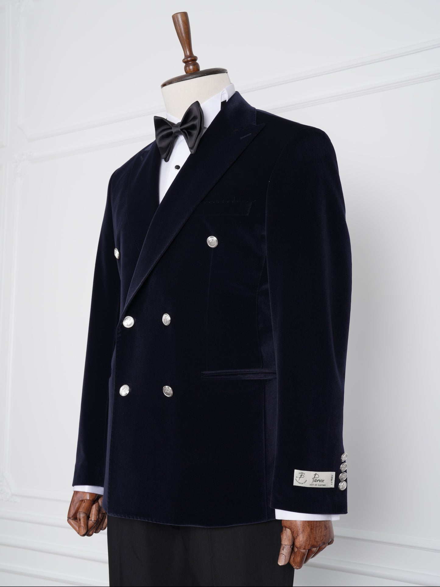 The Regent – Navy Velvet Double-Breasted Party Tuxedo with Satin Lapel & Silver Buttons