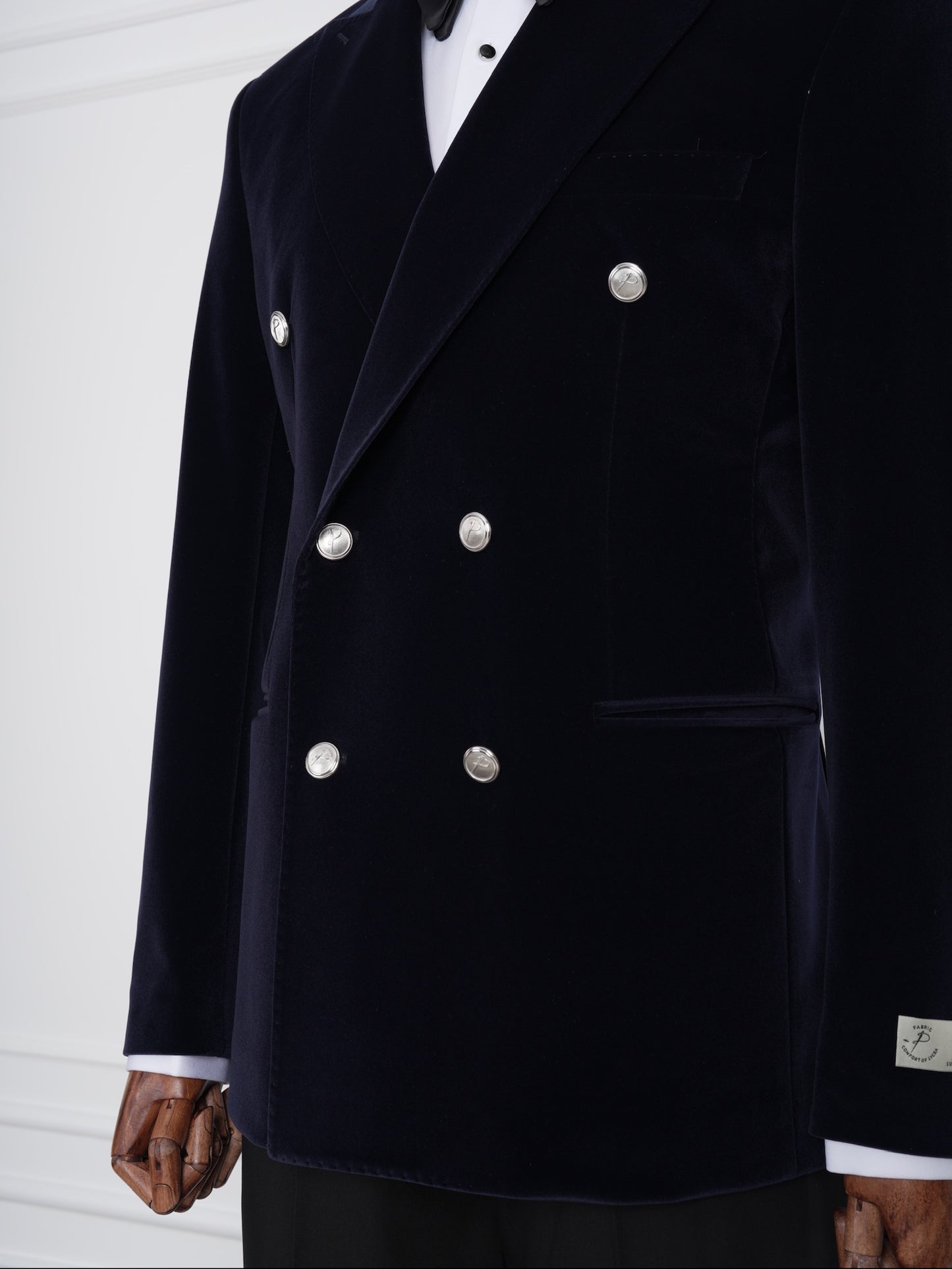 The Regent – Navy Velvet Double-Breasted Party Tuxedo with Satin Lapel & Silver Buttons