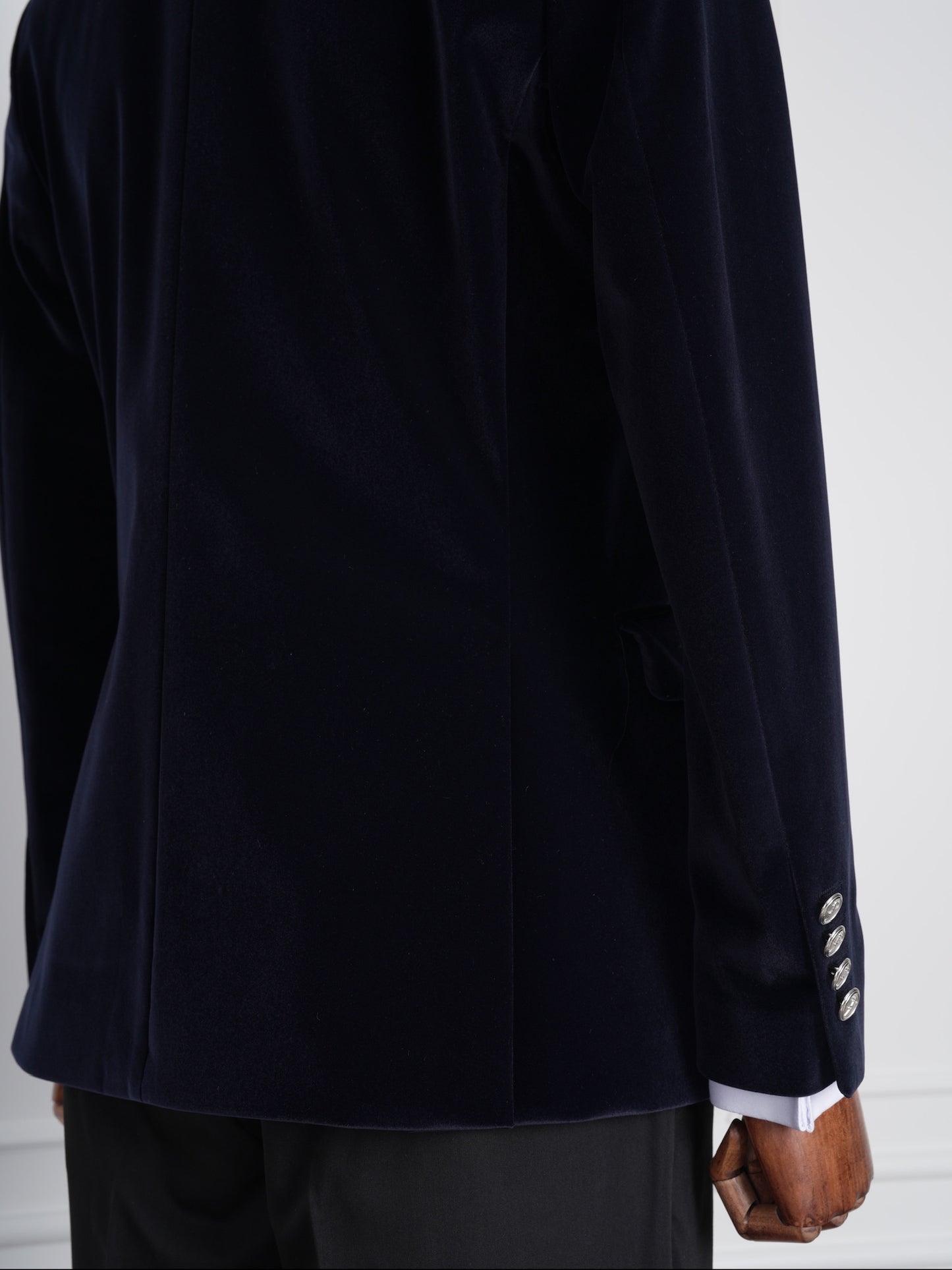 The Regent – Navy Velvet Double-Breasted Party Tuxedo with Satin Lapel & Silver Buttons