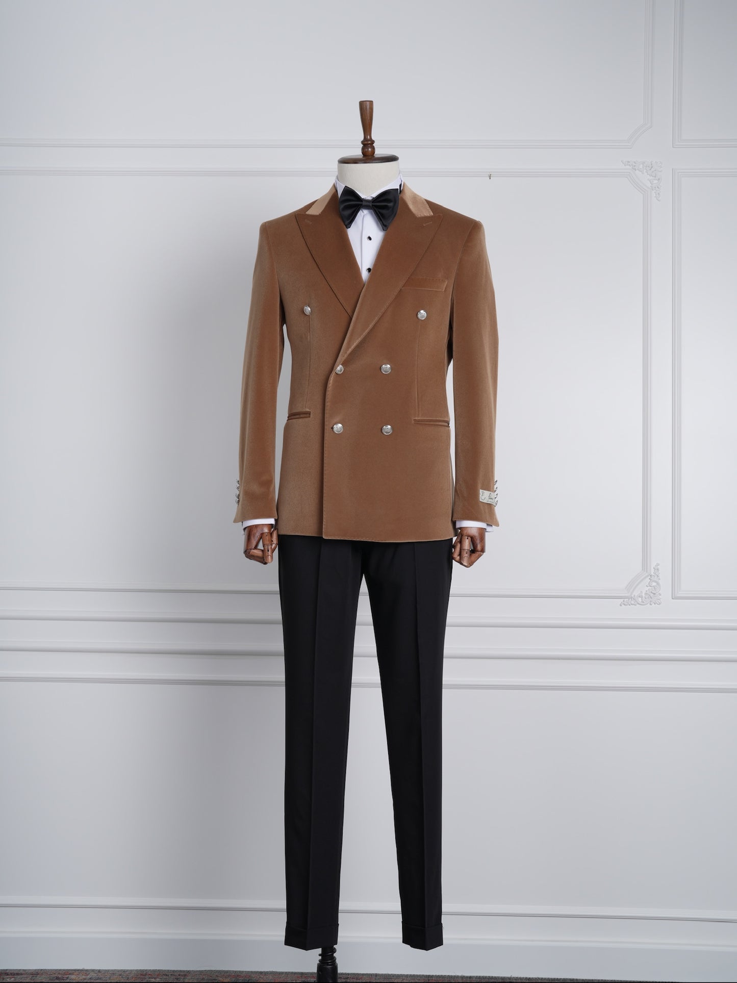 The Monarch Camel Brown Velvet Tuxedo Party Suit with Satin Lapel & Black Pants