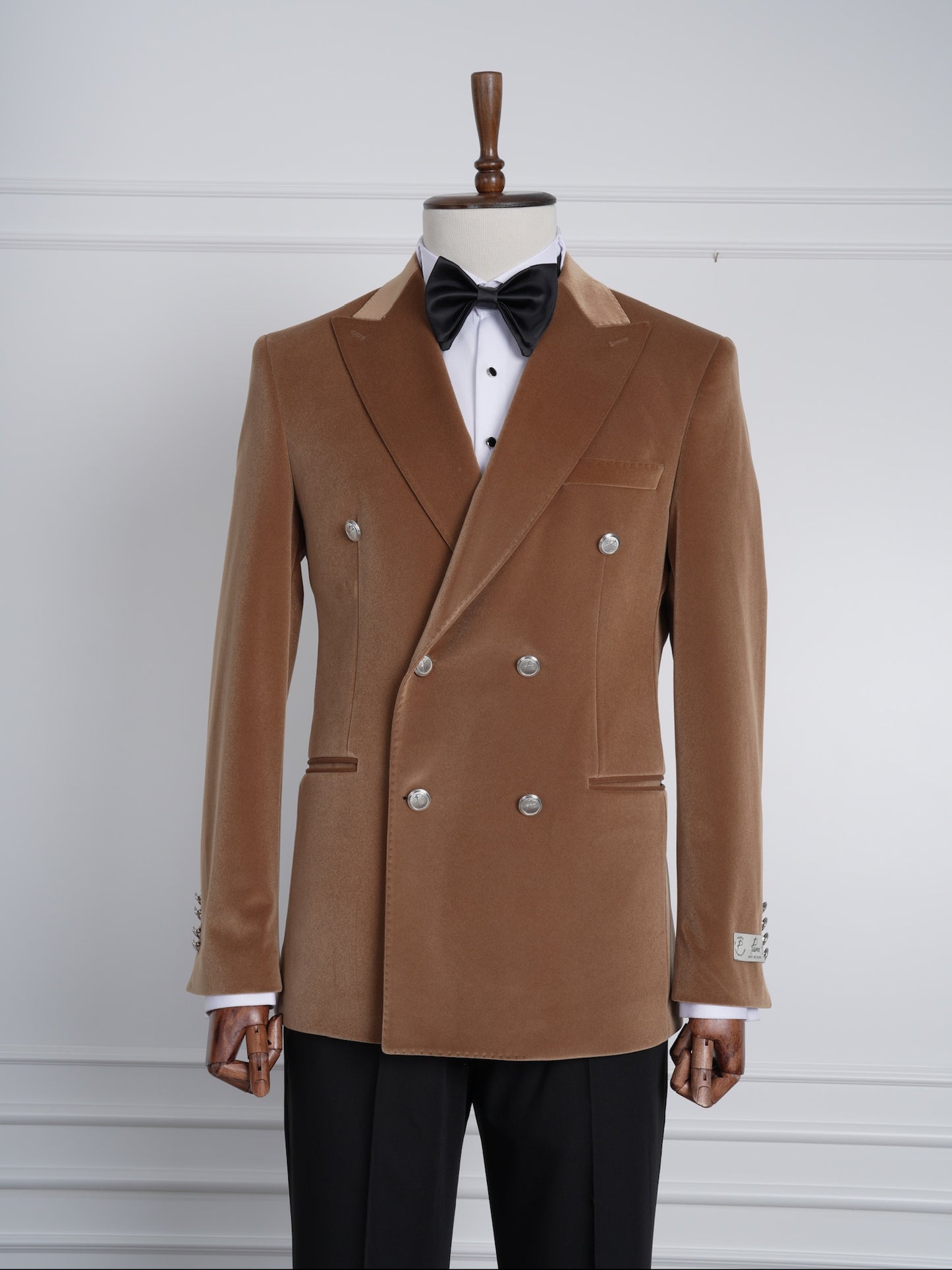 The Monarch Camel Brown Velvet Tuxedo Party Suit with Satin Lapel & Black Pants