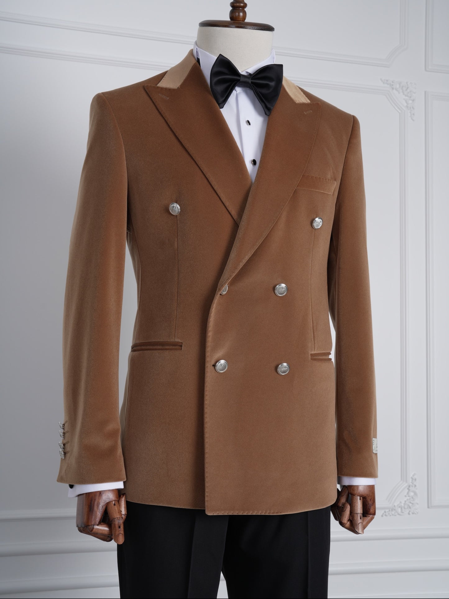 The Monarch Camel Brown Velvet Tuxedo Party Suit with Satin Lapel & Black Pants