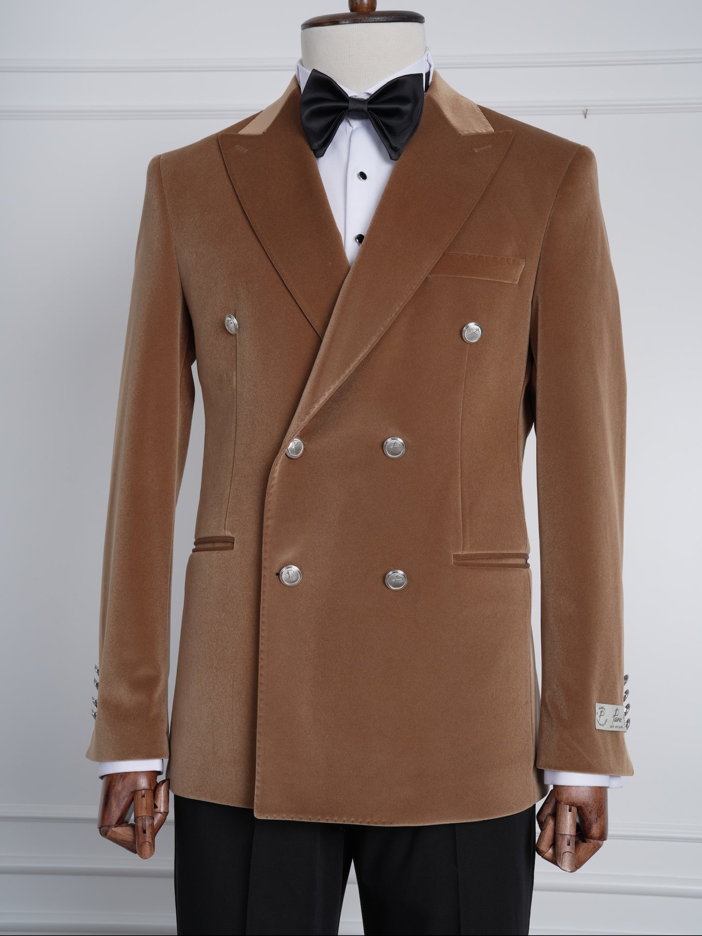 The Monarch Camel Brown Velvet Tuxedo Party Suit with Satin Lapel & Black Pants