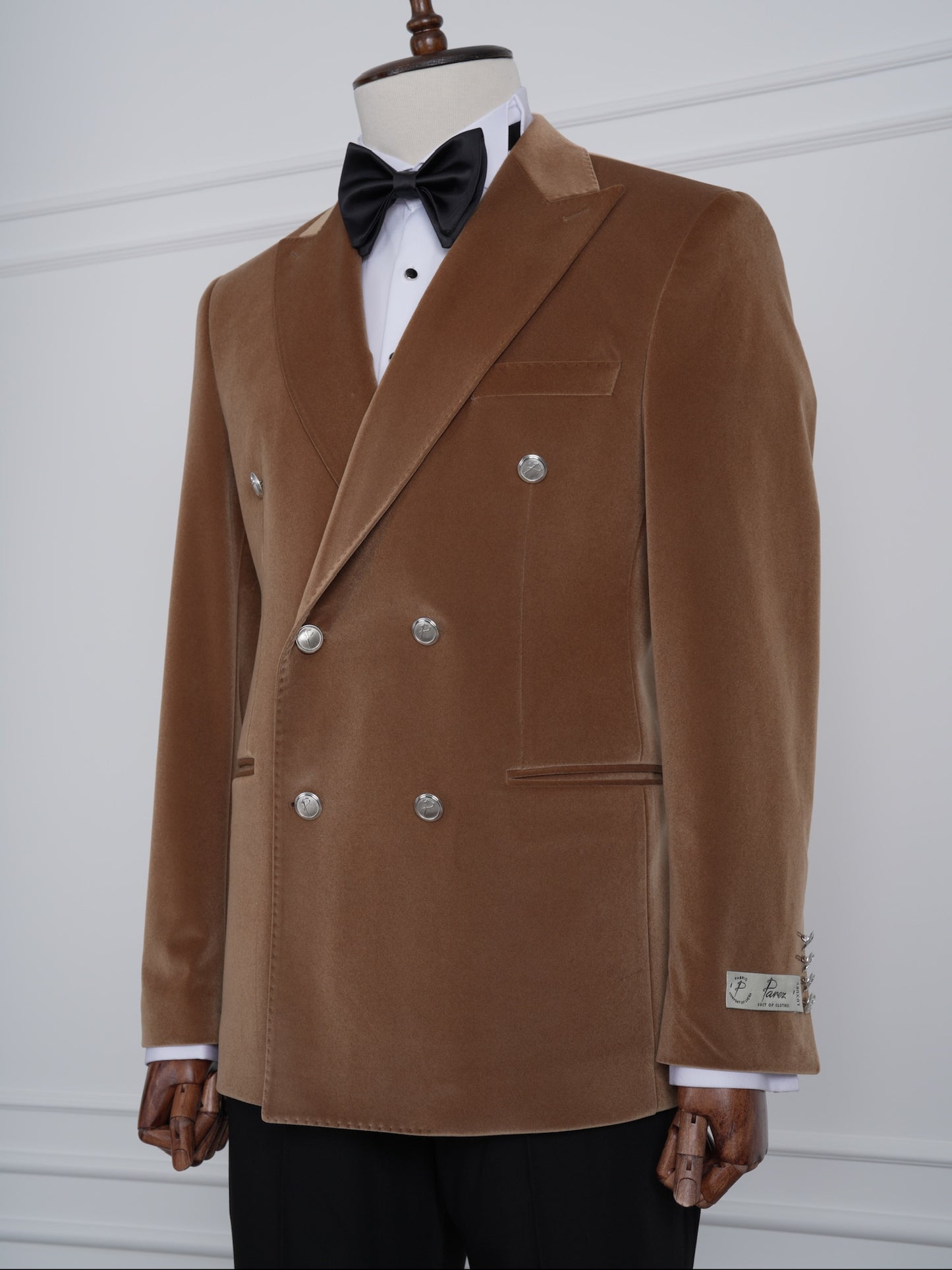 The Monarch Camel Brown Velvet Tuxedo Party Suit with Satin Lapel & Black Pants
