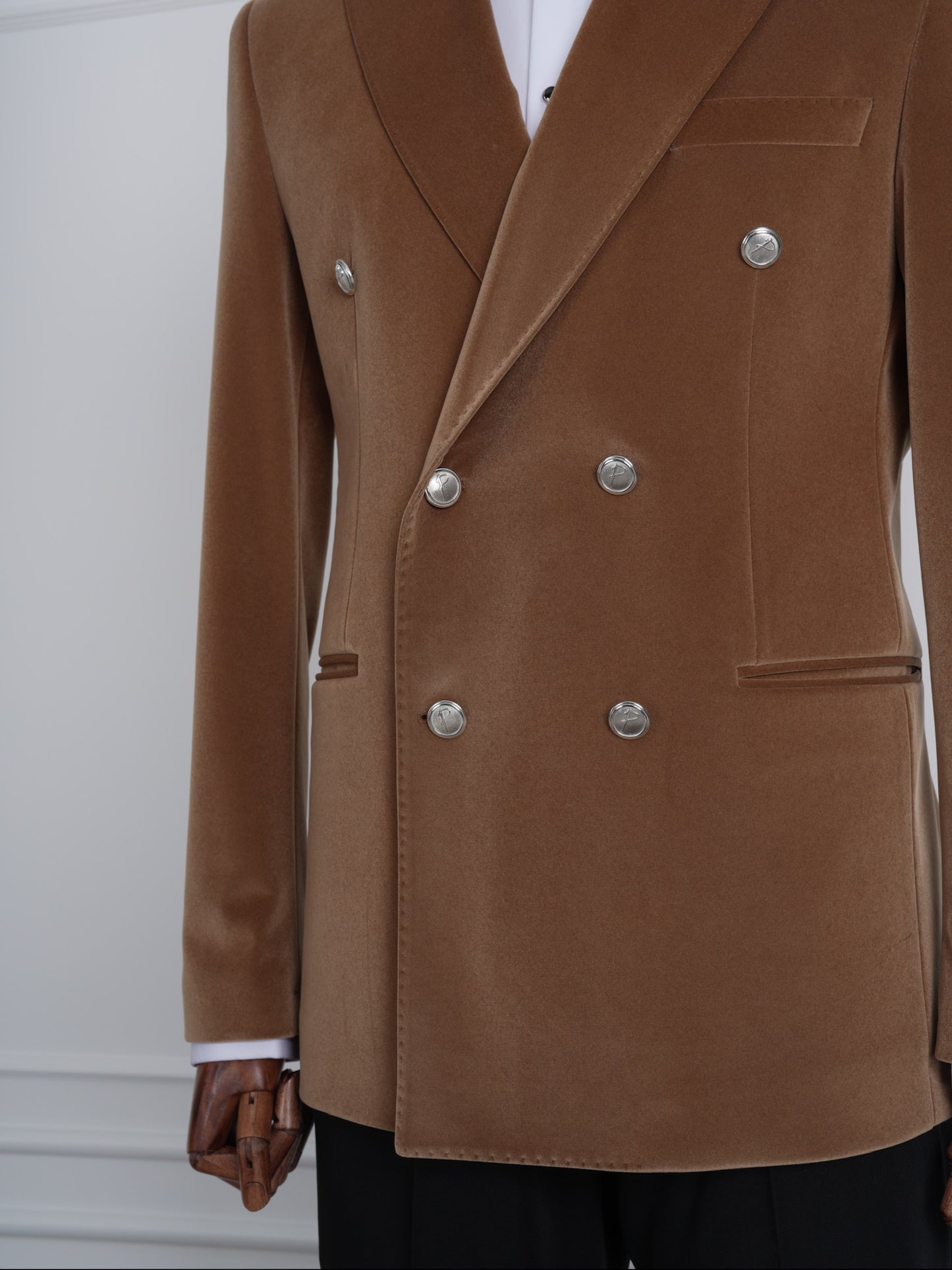 The Monarch Camel Brown Velvet Tuxedo Party Suit with Satin Lapel & Black Pants