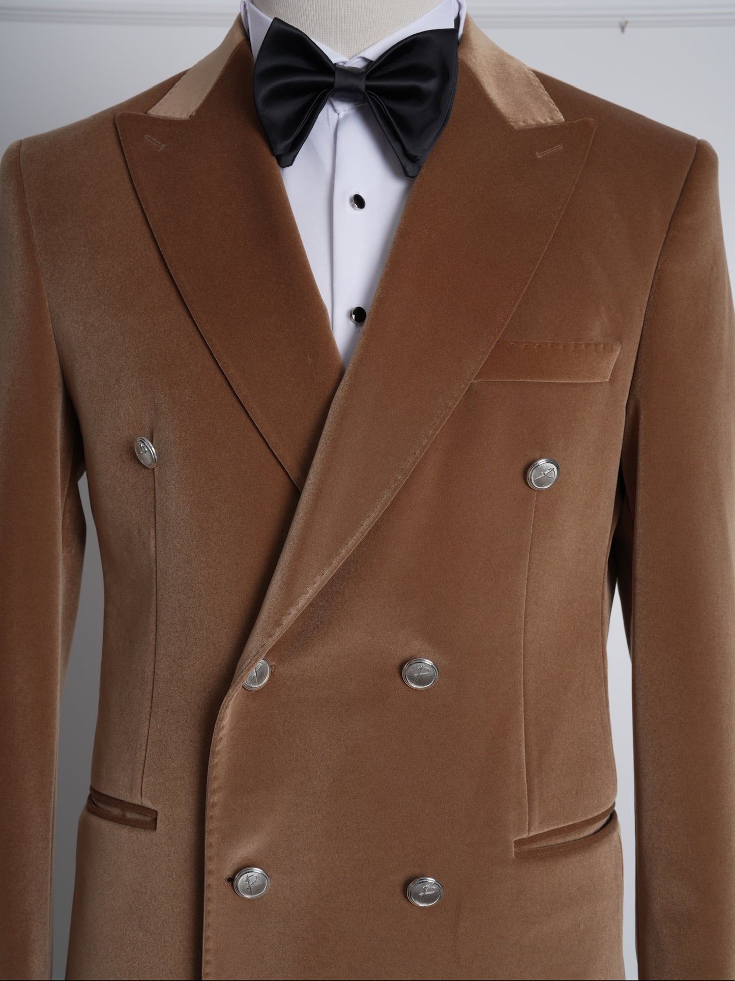 The Monarch Camel Brown Velvet Tuxedo Party Suit with Satin Lapel & Black Pants