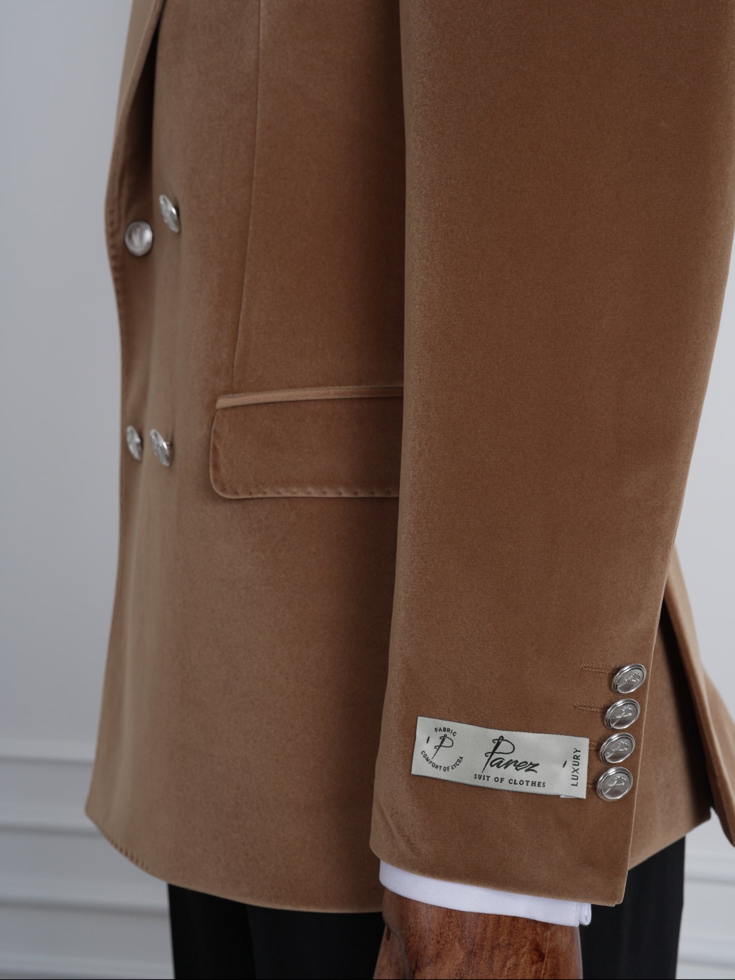 The Monarch Camel Brown Velvet Tuxedo Party Suit with Satin Lapel & Black Pants