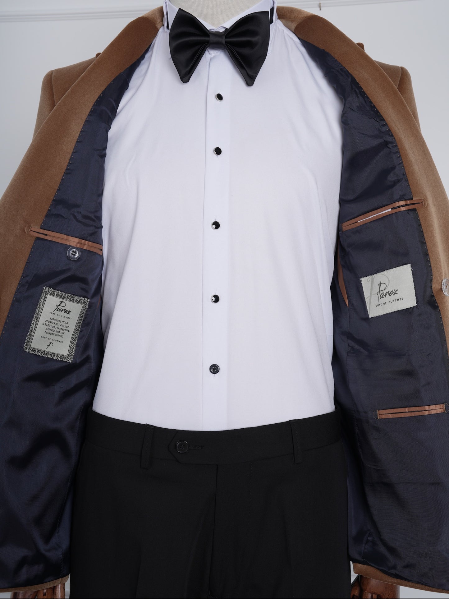 The Monarch Camel Brown Velvet Tuxedo Party Suit with Satin Lapel & Black Pants