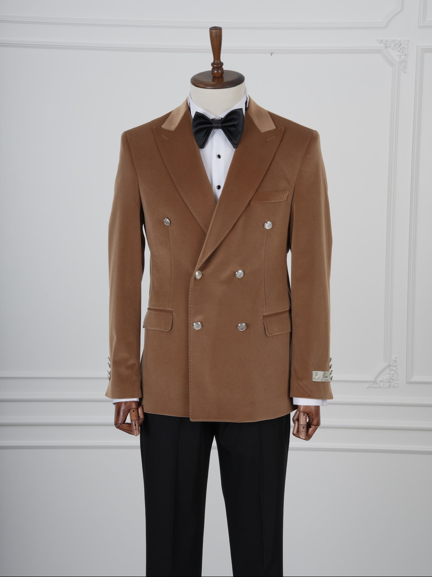 The Monarch Camel Brown Velvet Tuxedo Party Suit with Satin Lapel & Black Pants