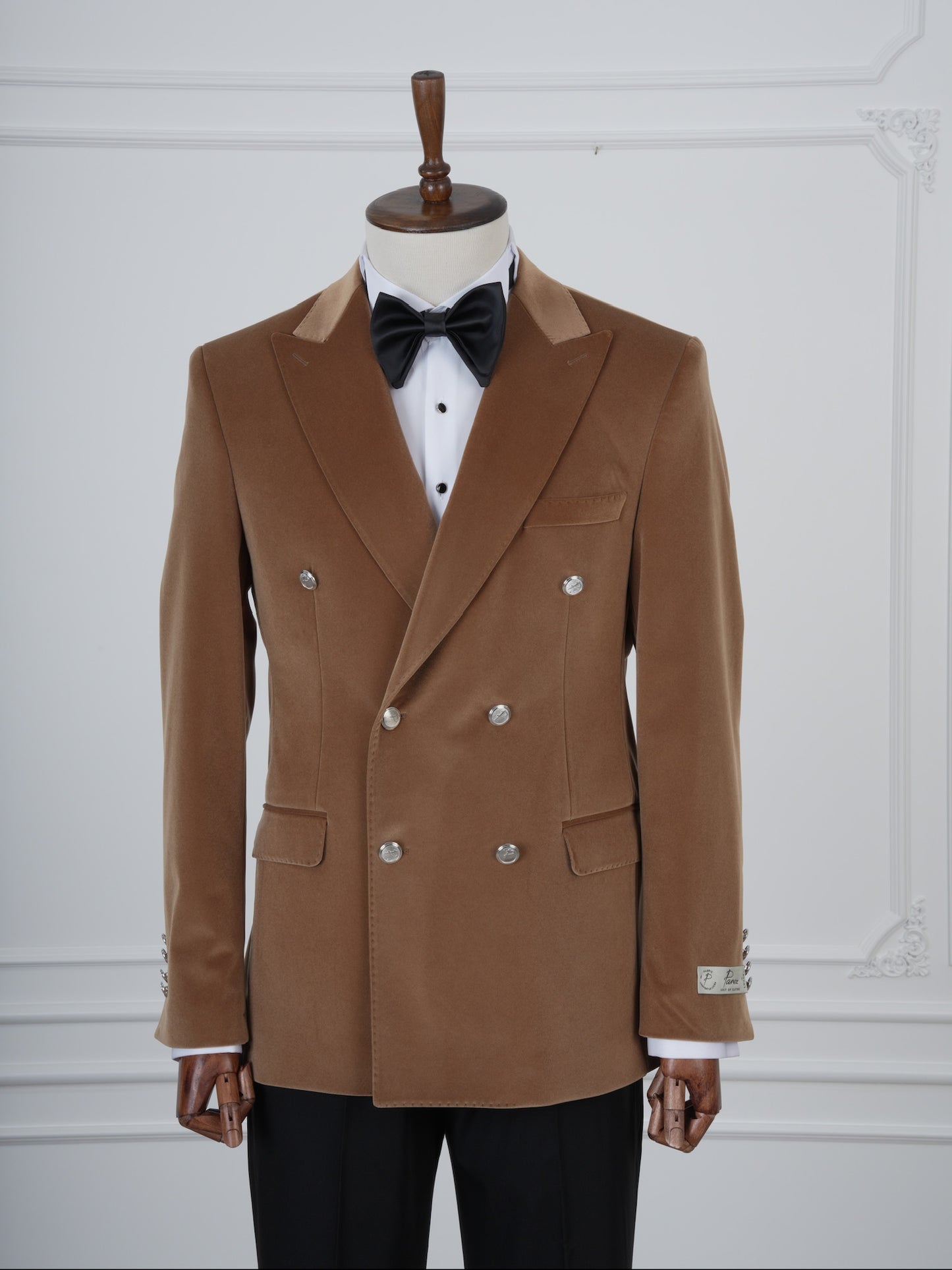 The Monarch Camel Brown Velvet Tuxedo Party Suit with Satin Lapel & Black Pants