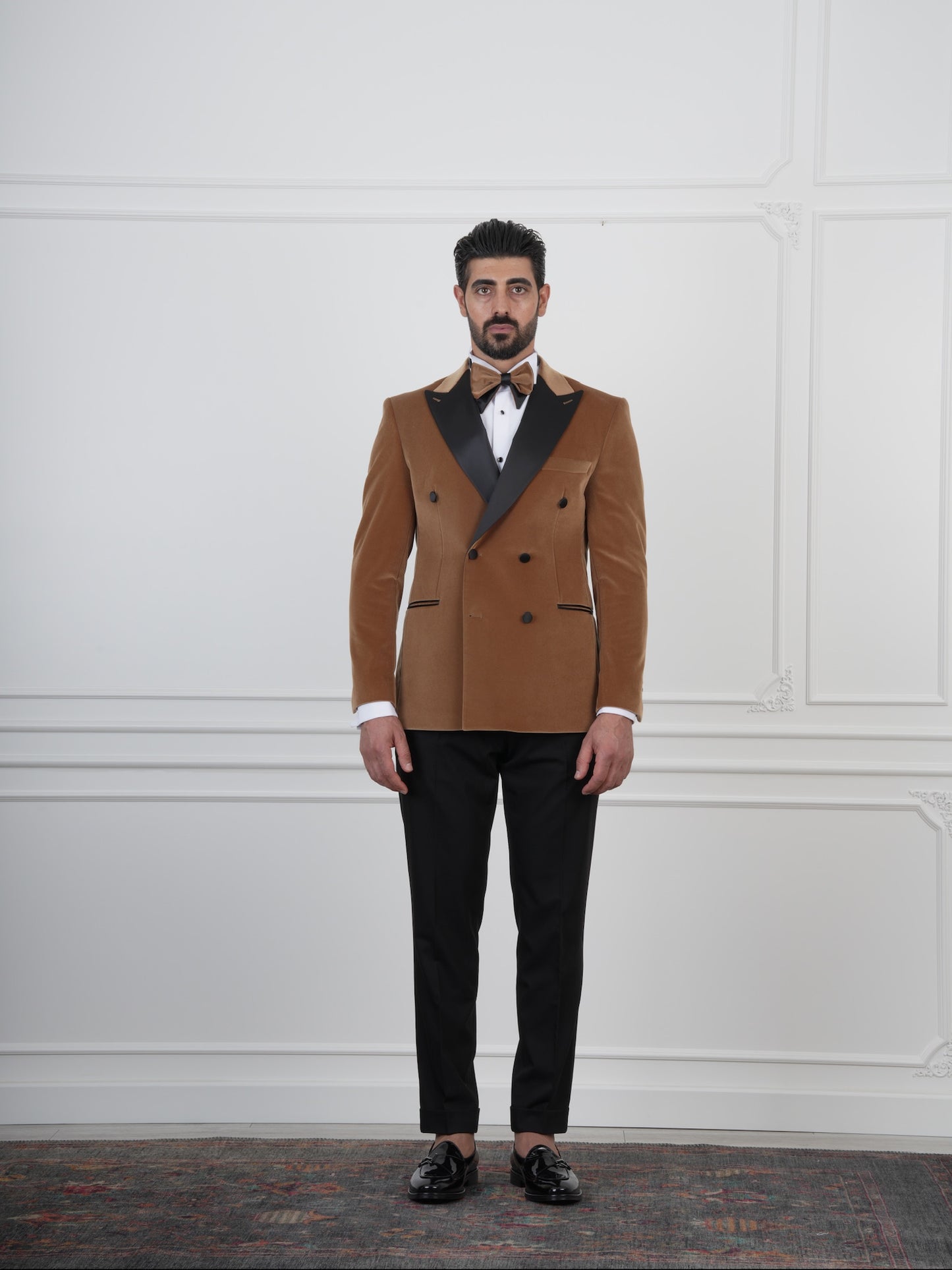 The Marlowe – Camel Brown Velvet Double-Breasted Tuxedo with Satin Lapel and Coordinated Bow Tie