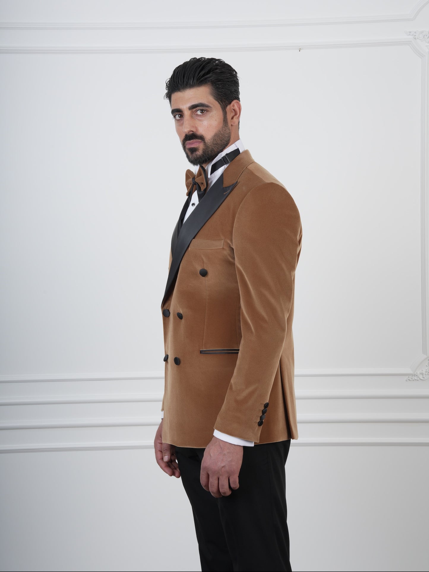 The Marlowe – Camel Brown Velvet Double-Breasted Tuxedo with Satin Lapel and Coordinated Bow Tie