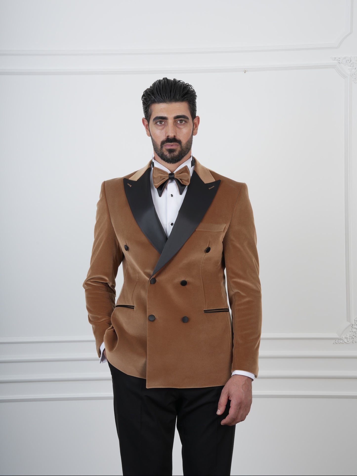 The Marlowe – Camel Brown Velvet Double-Breasted Tuxedo with Satin Lapel and Coordinated Bow Tie