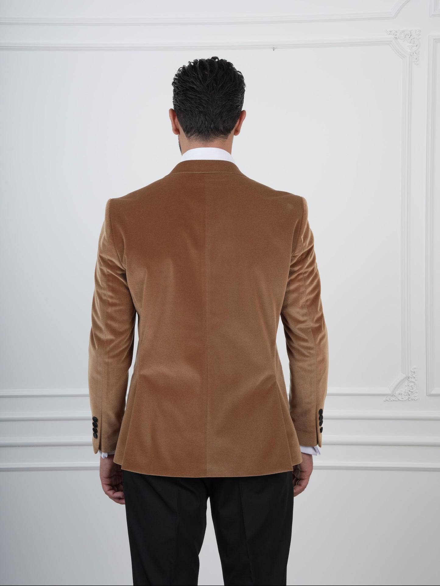The Marlowe – Camel Brown Velvet Double-Breasted Tuxedo with Satin Lapel and Coordinated Bow Tie