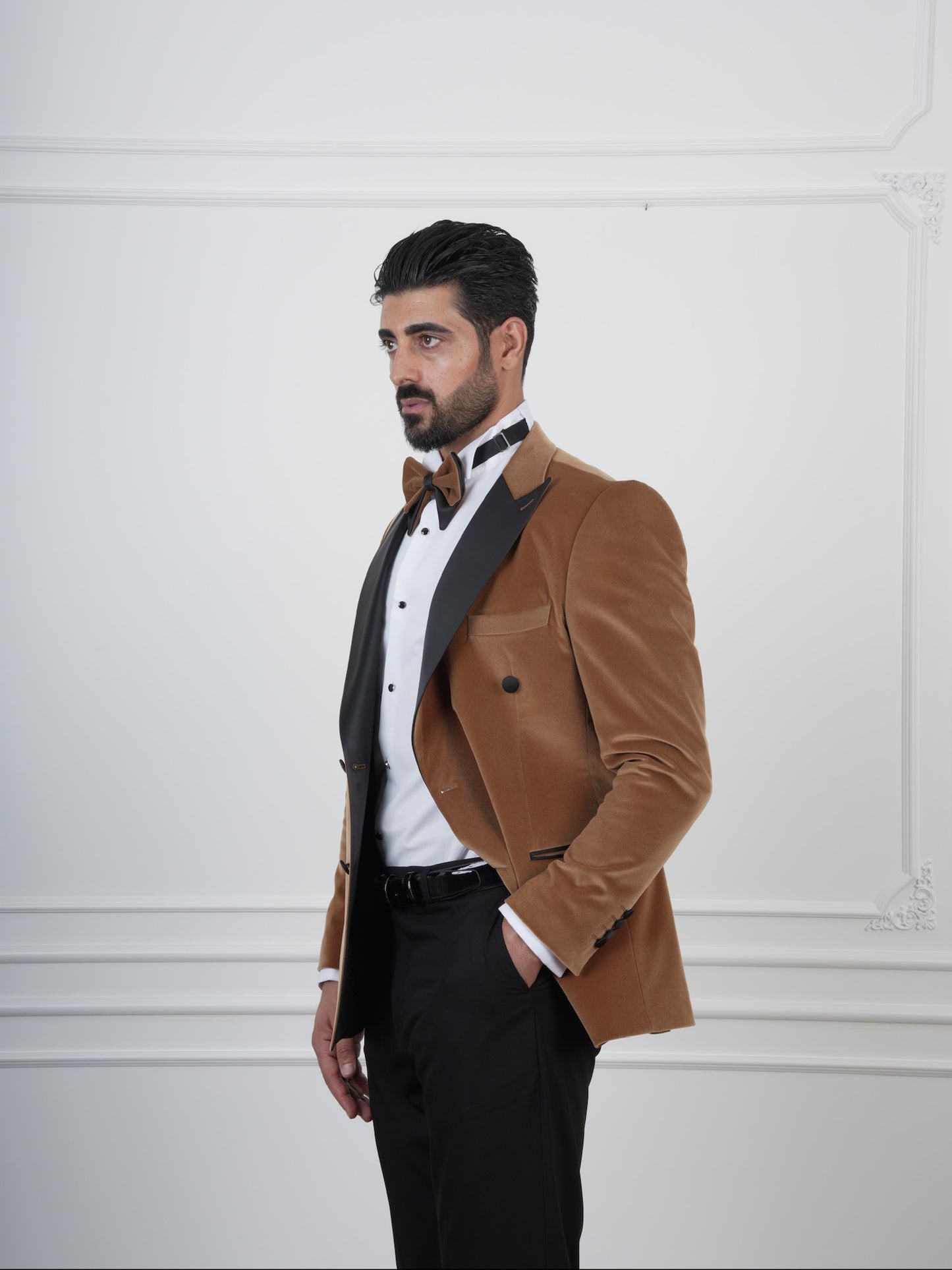 The Marlowe – Camel Brown Velvet Double-Breasted Tuxedo with Satin Lapel and Coordinated Bow Tie