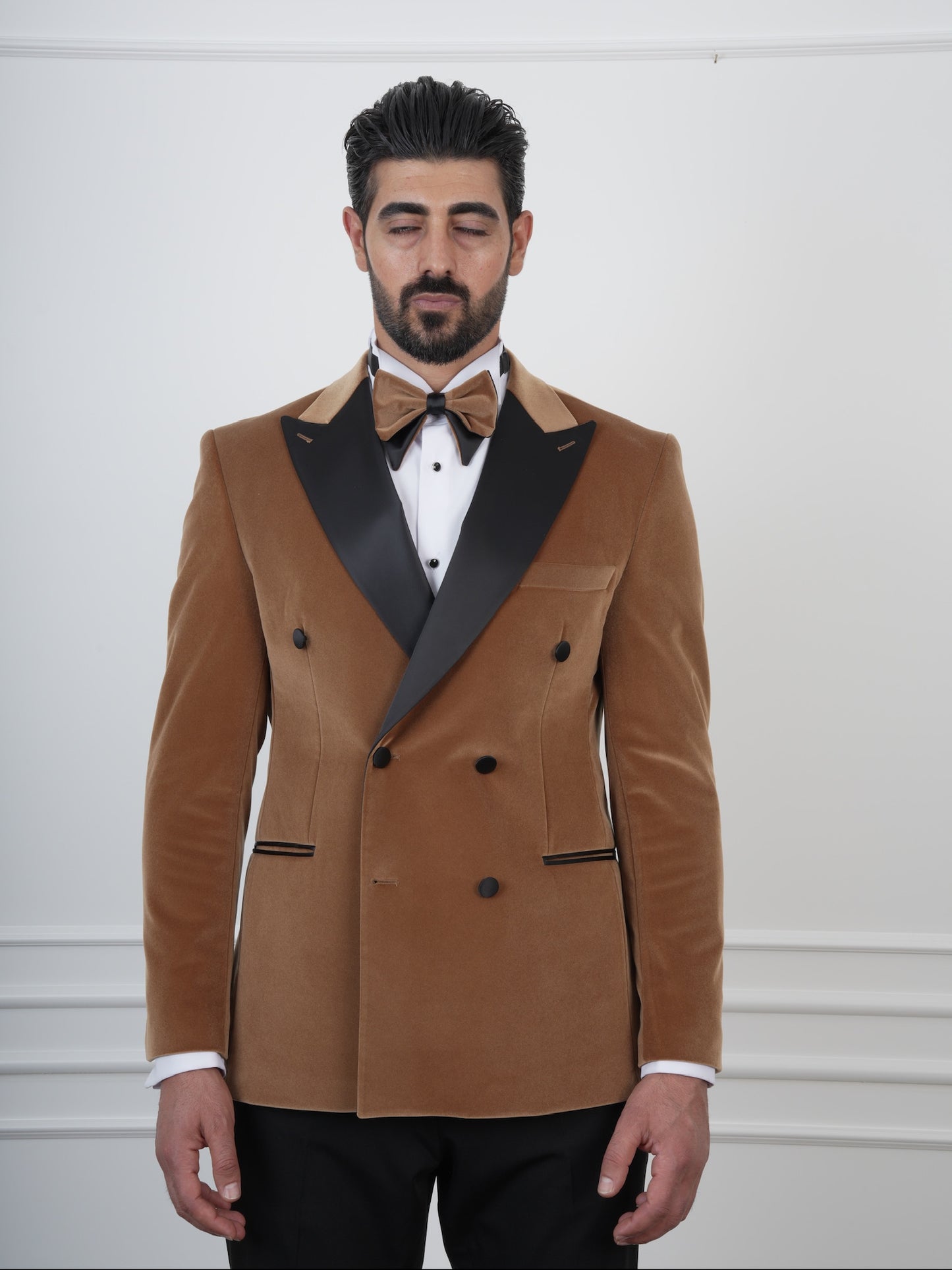 The Marlowe – Camel Brown Velvet Double-Breasted Tuxedo with Satin Lapel and Coordinated Bow Tie