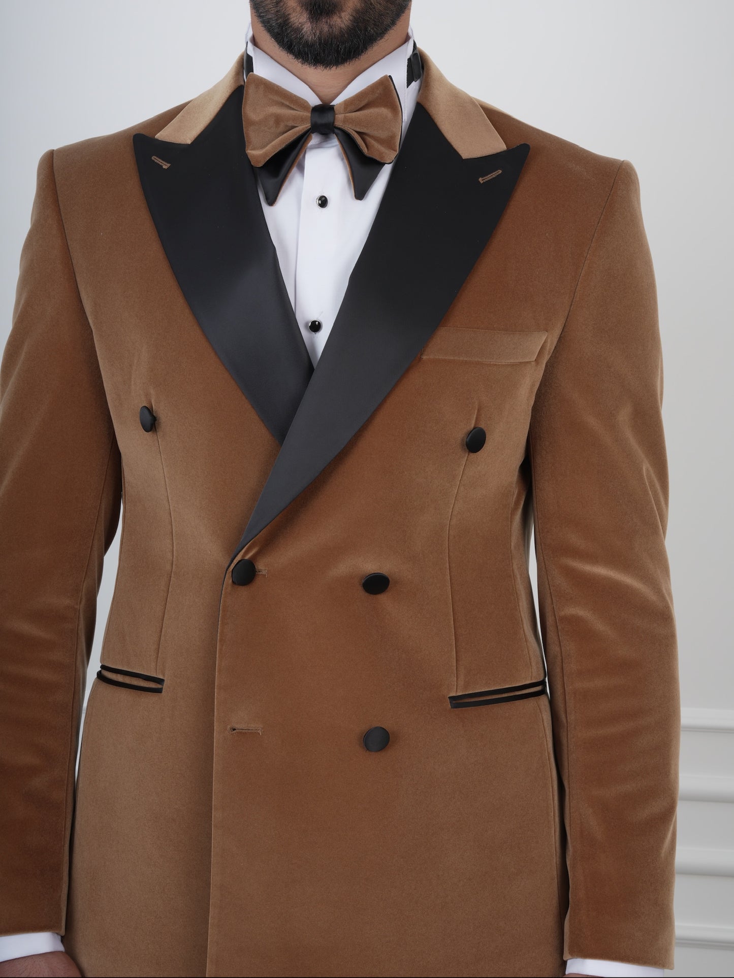 The Marlowe – Camel Brown Velvet Double-Breasted Tuxedo with Satin Lapel and Coordinated Bow Tie