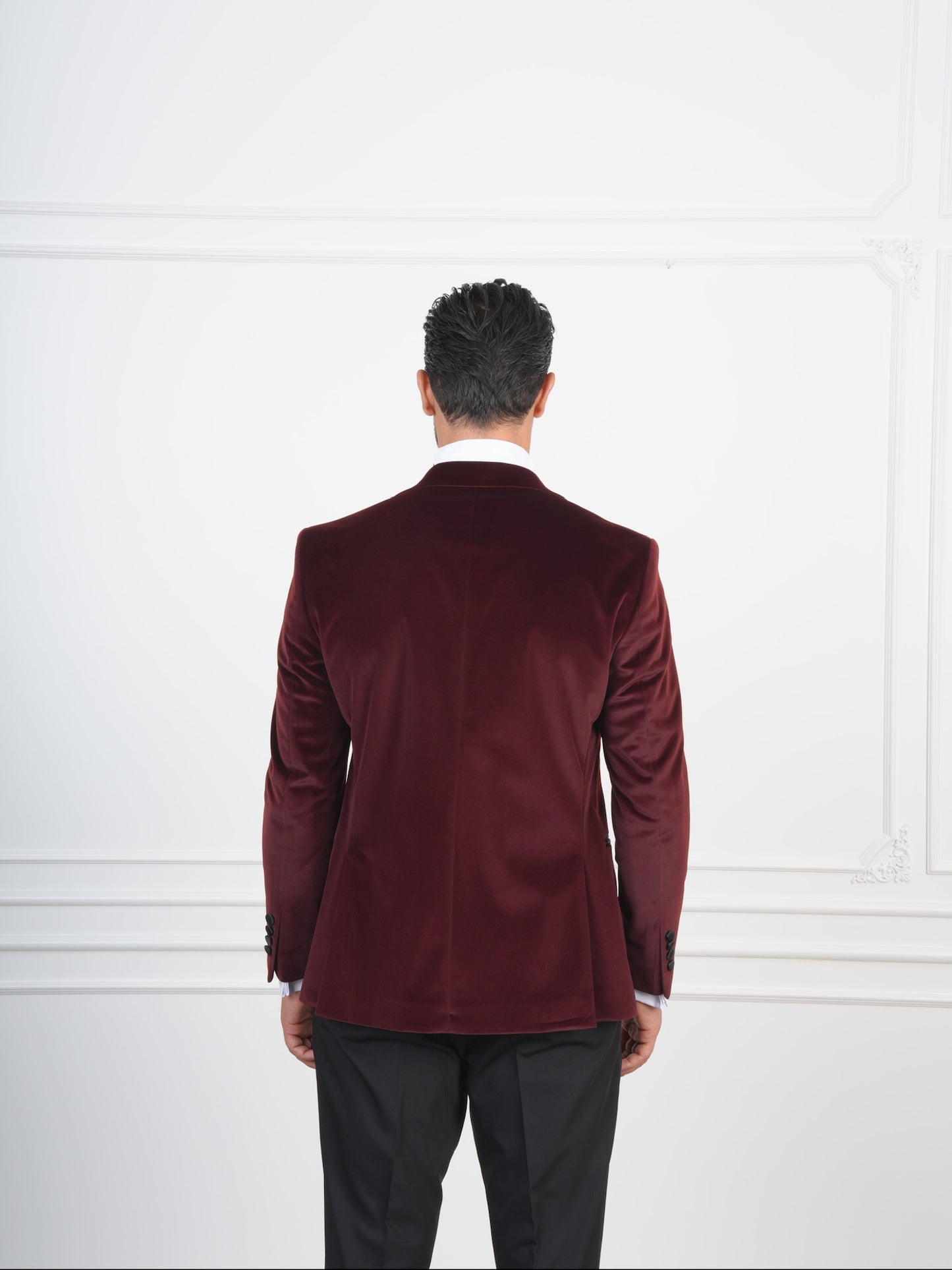The Castellano – Double-Breasted Burgundy Velvet Tuxedo with Satin Peak Lapel and Bow Tie