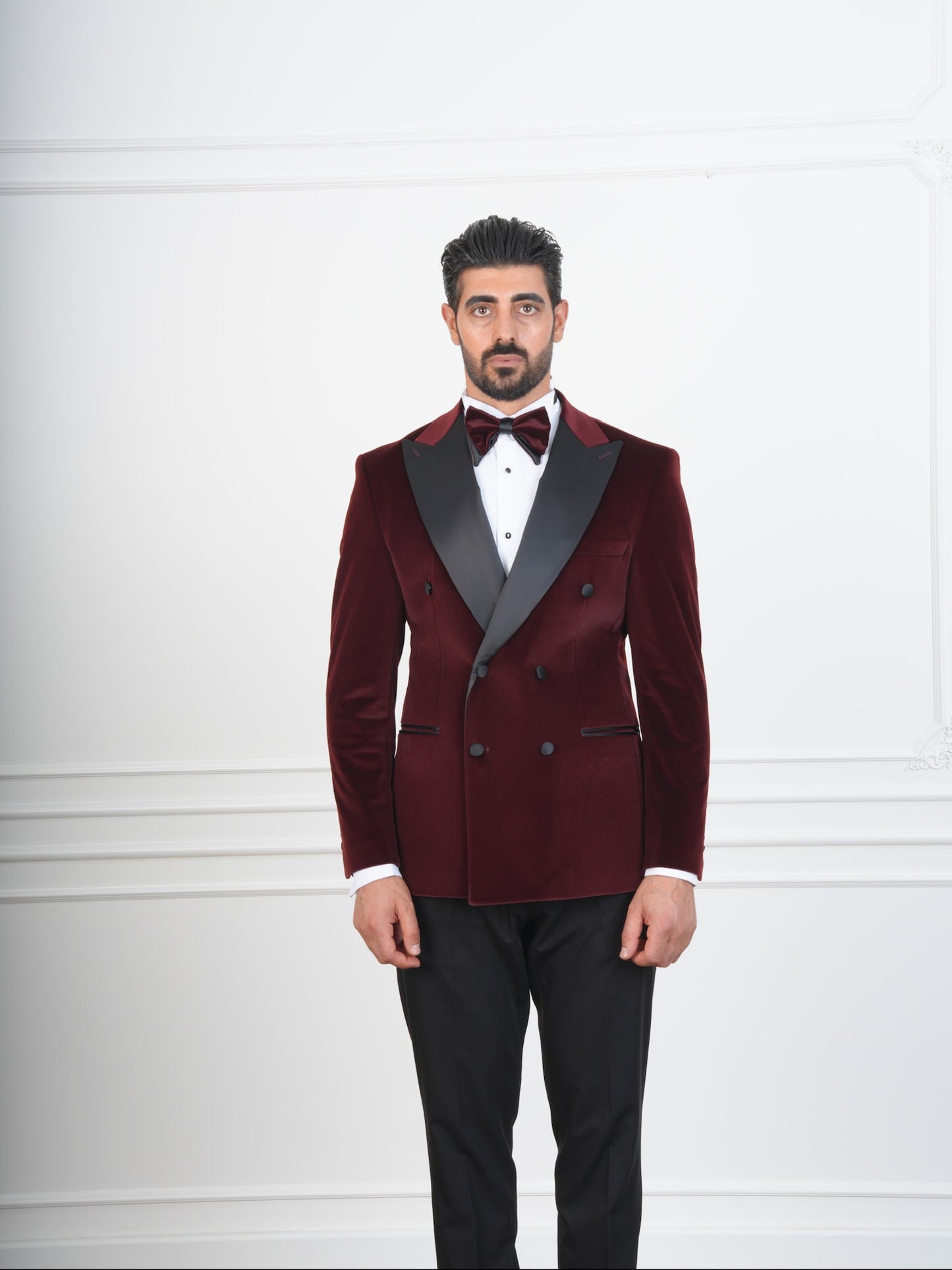 The Castellano – Double-Breasted Burgundy Velvet Tuxedo with Satin Peak Lapel and Bow Tie