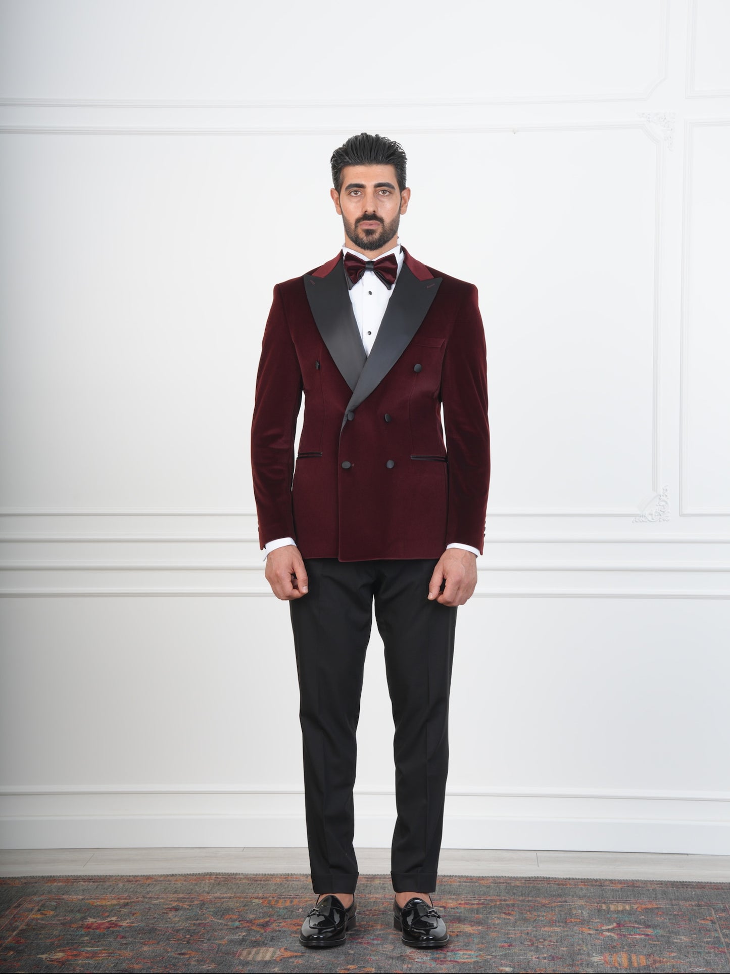 The Castellano – Double-Breasted Burgundy Velvet Tuxedo with Satin Peak Lapel and Bow Tie