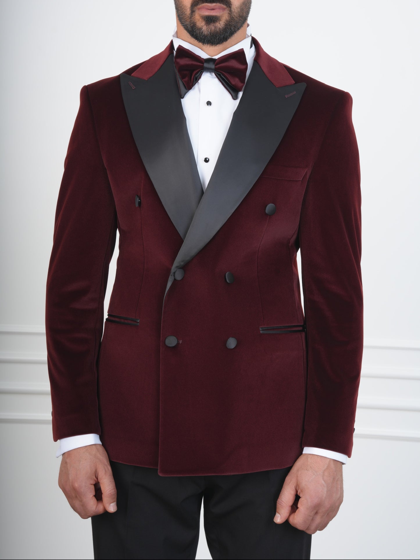 The Castellano – Double-Breasted Burgundy Velvet Tuxedo with Satin Peak Lapel and Bow Tie