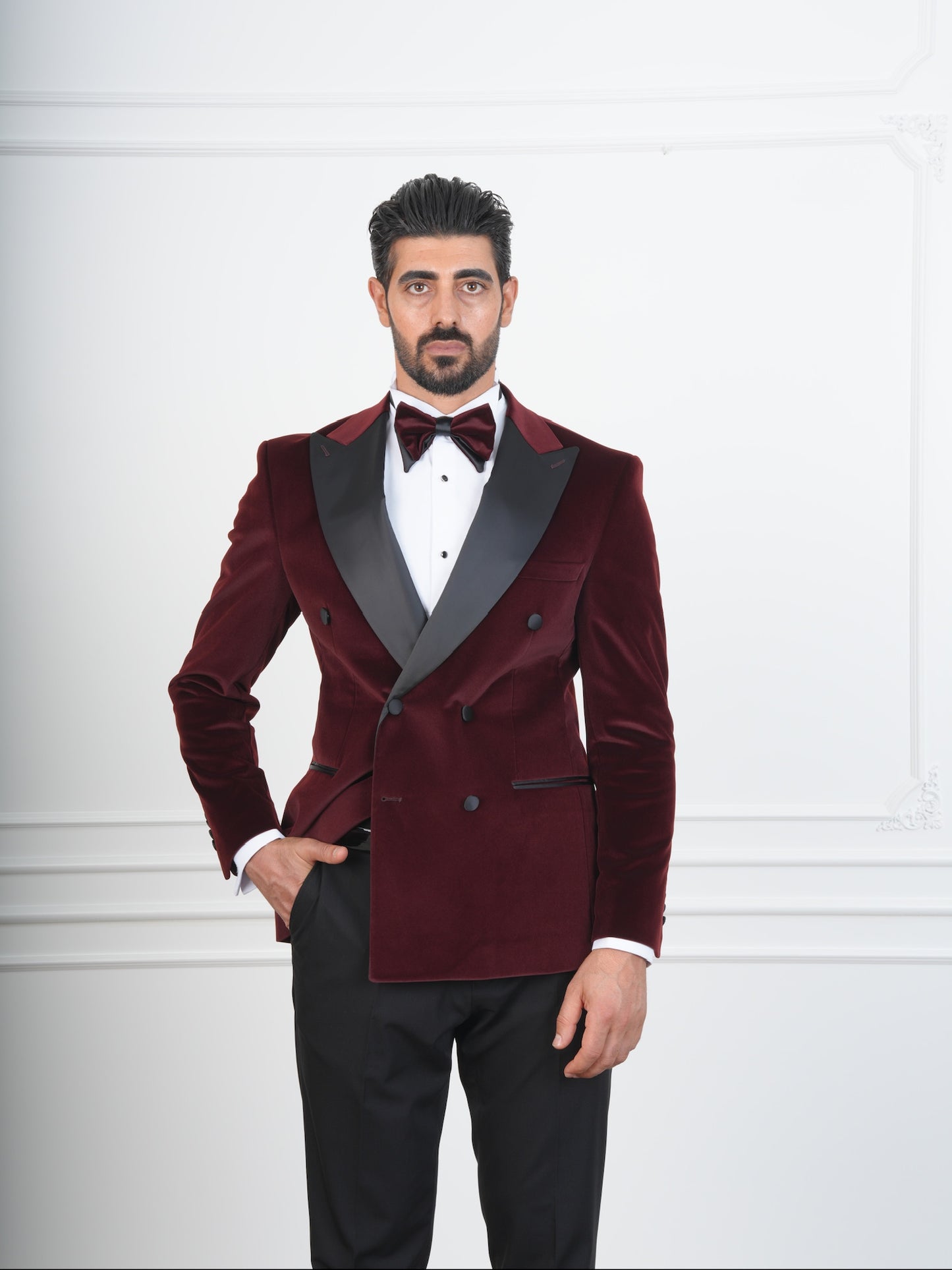 The Castellano – Double-Breasted Burgundy Velvet Tuxedo with Satin Peak Lapel and Bow Tie