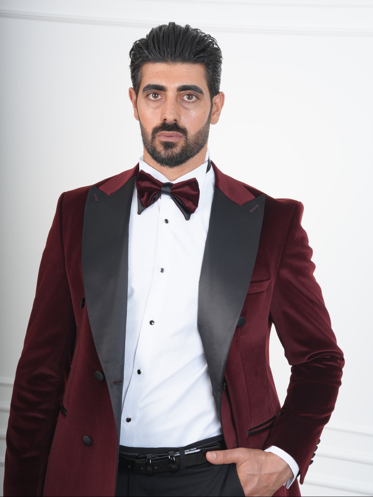 The Castellano – Double-Breasted Burgundy Velvet Tuxedo with Satin Peak Lapel and Bow Tie