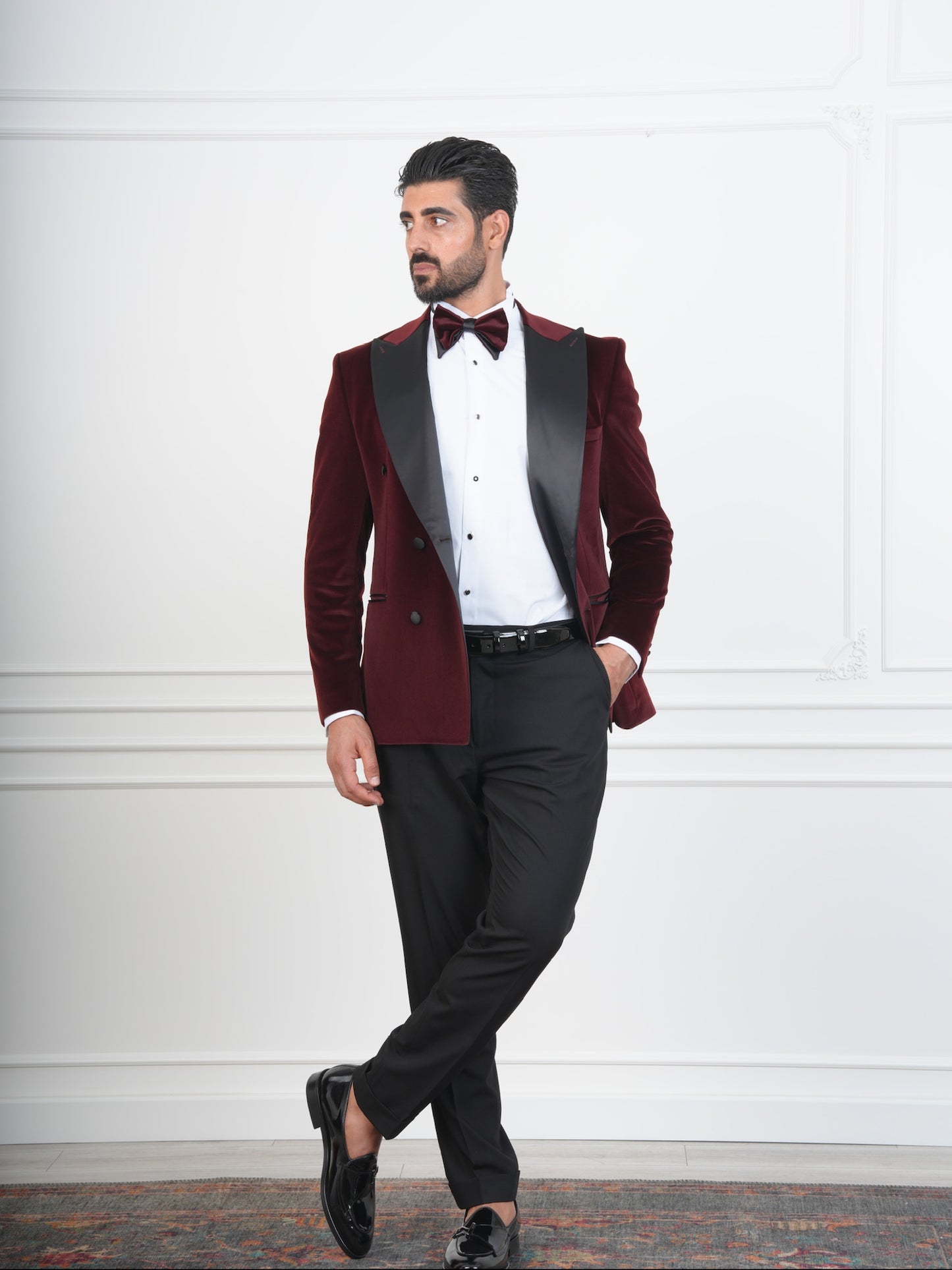 The Castellano – Double-Breasted Burgundy Velvet Tuxedo with Satin Peak Lapel and Bow Tie