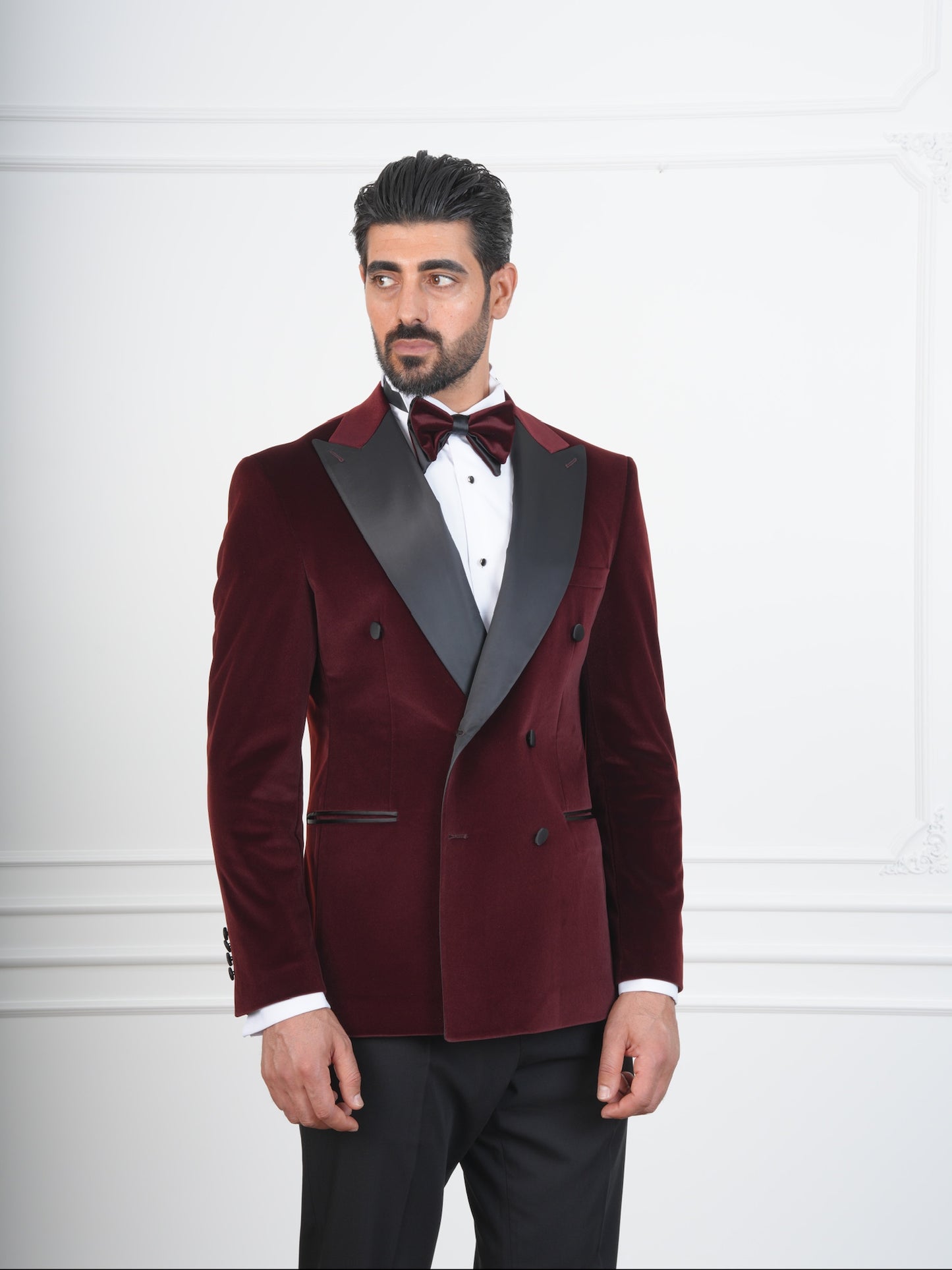 The Castellano – Double-Breasted Burgundy Velvet Tuxedo with Satin Peak Lapel and Bow Tie