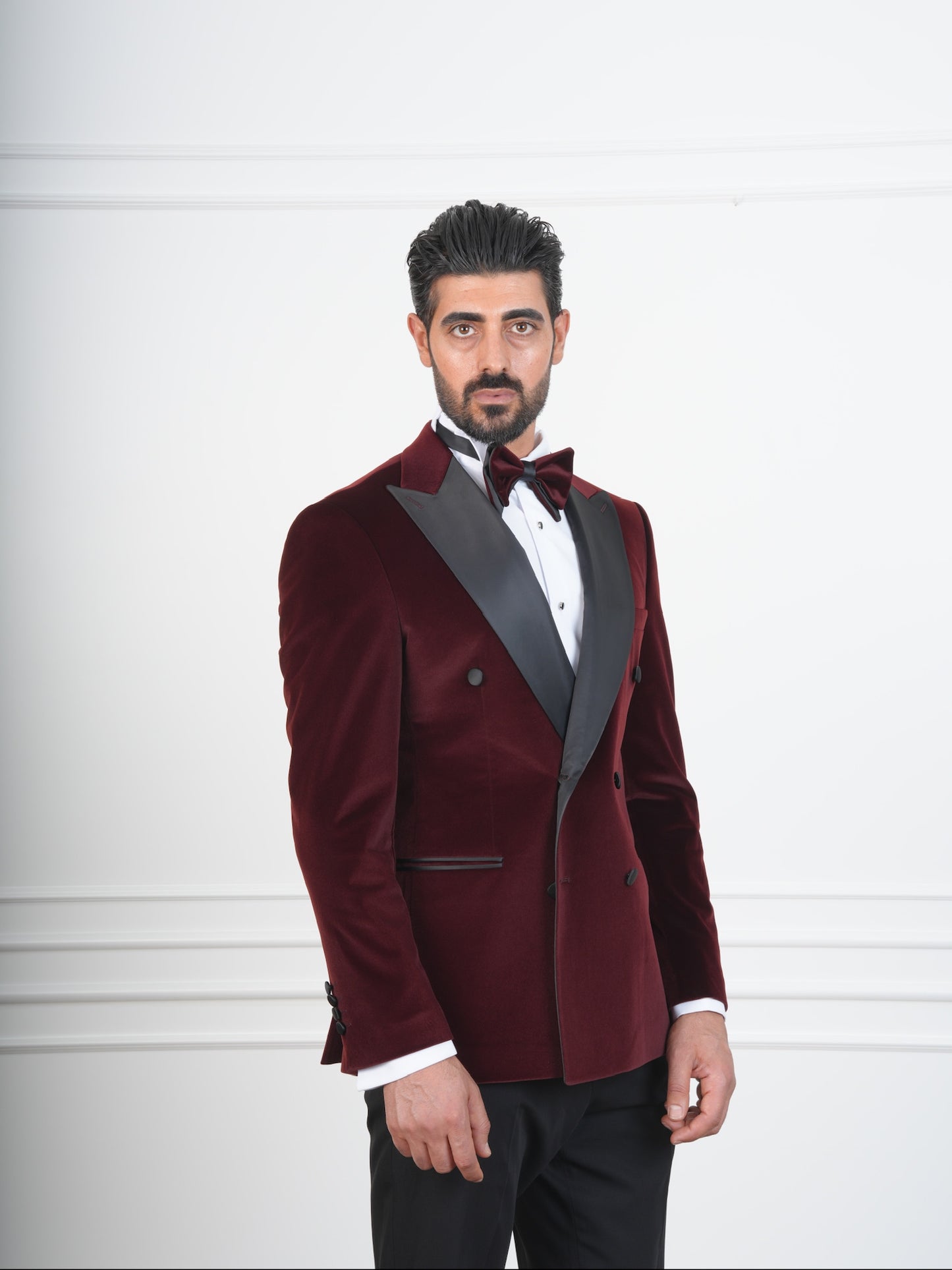 The Castellano – Double-Breasted Burgundy Velvet Tuxedo with Satin Peak Lapel and Bow Tie