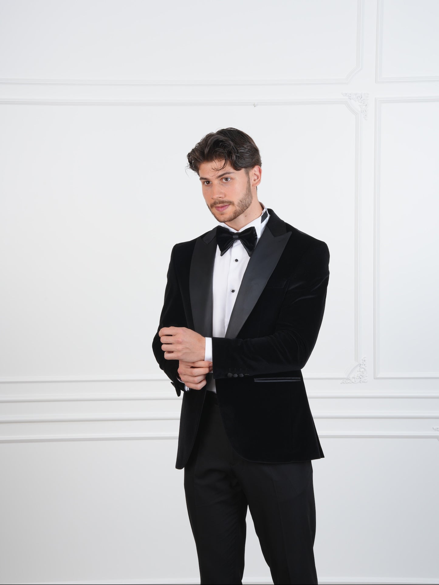 The Onyx – Black Velvet Men’s Tuxedo with Satin Peak Lapel | Groom or Formal Party Suit