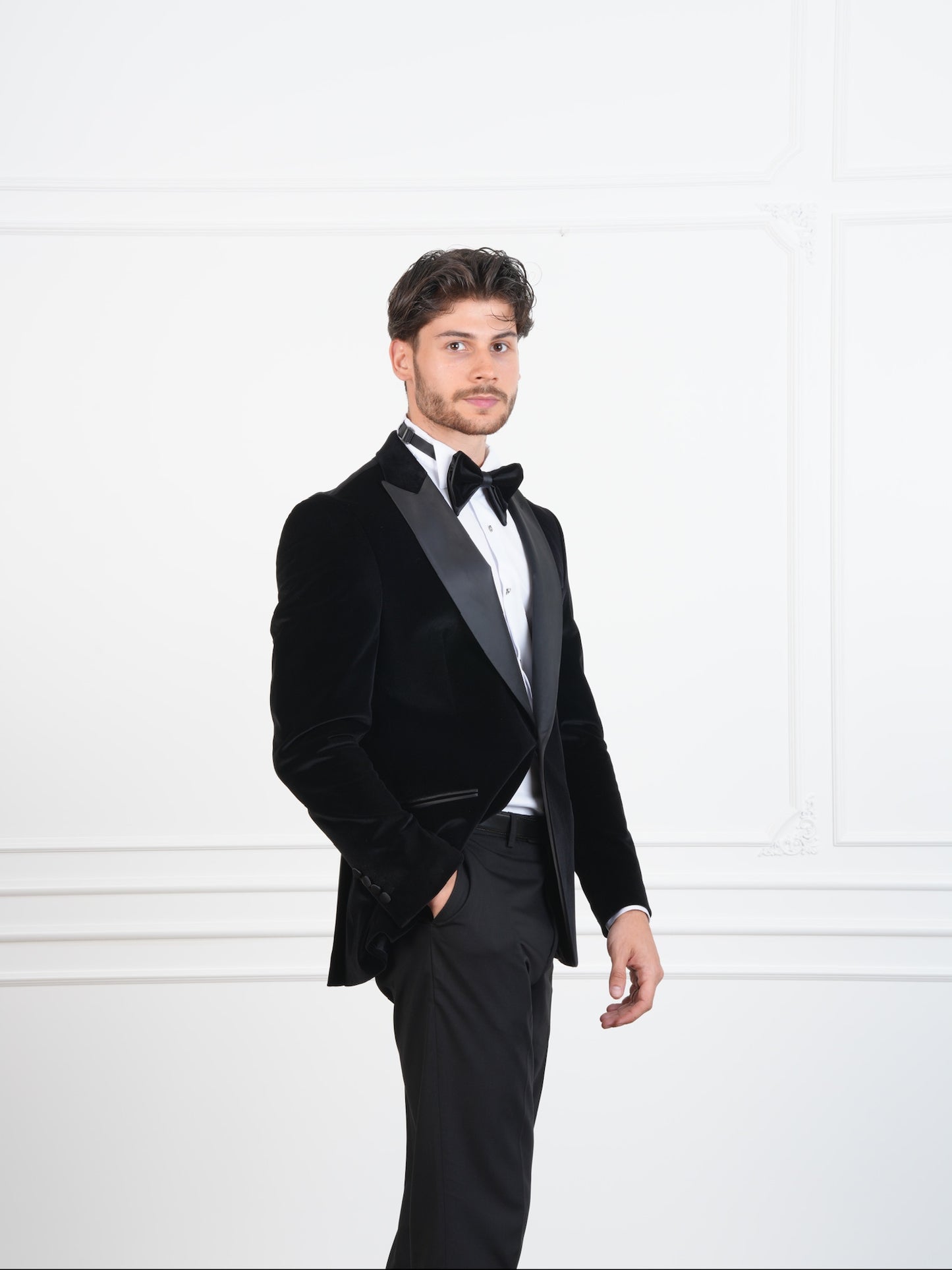The Onyx – Black Velvet Men’s Tuxedo with Satin Peak Lapel | Groom or Formal Party Suit