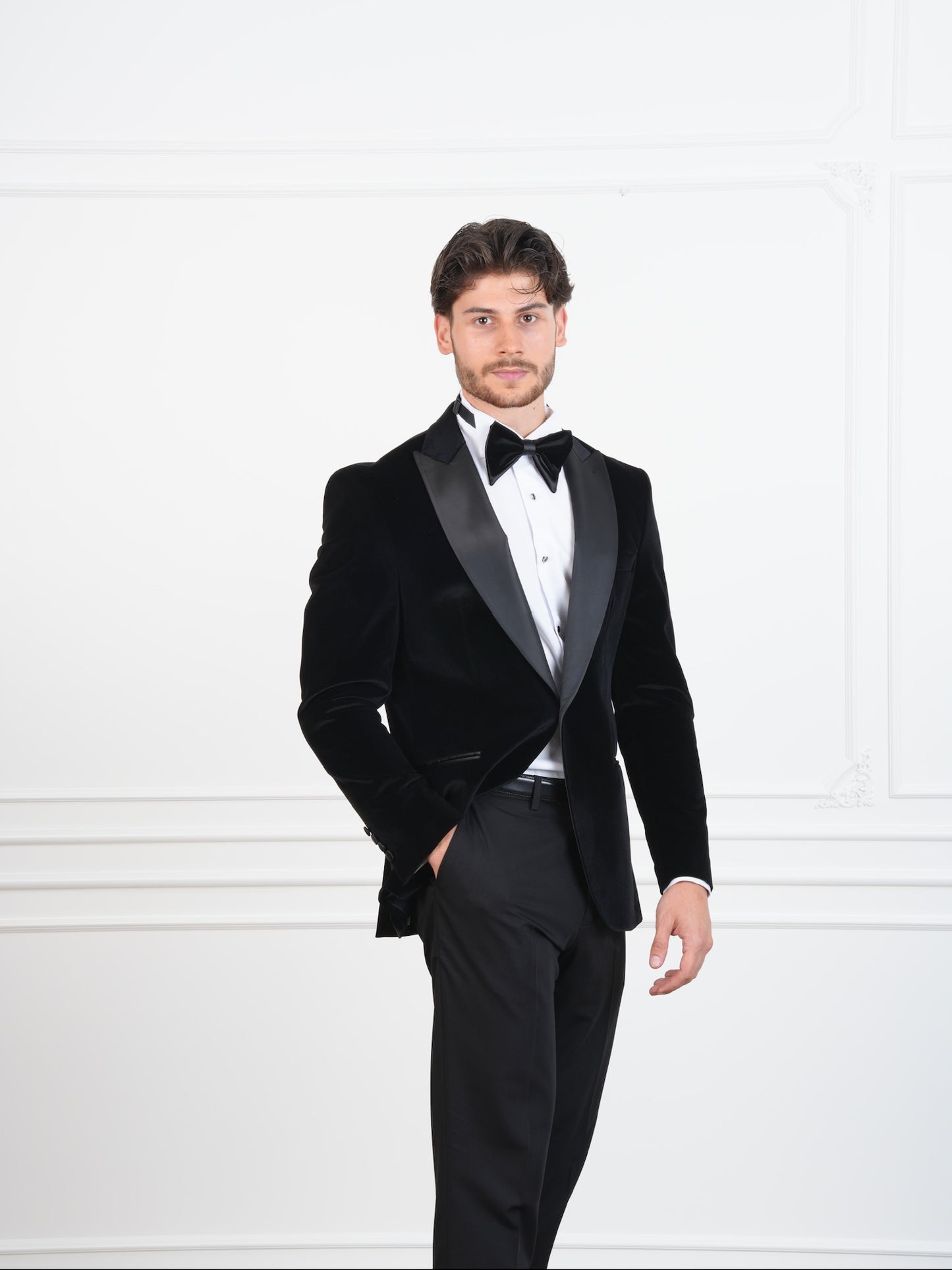 The Onyx – Black Velvet Men’s Tuxedo with Satin Peak Lapel | Groom or Formal Party Suit