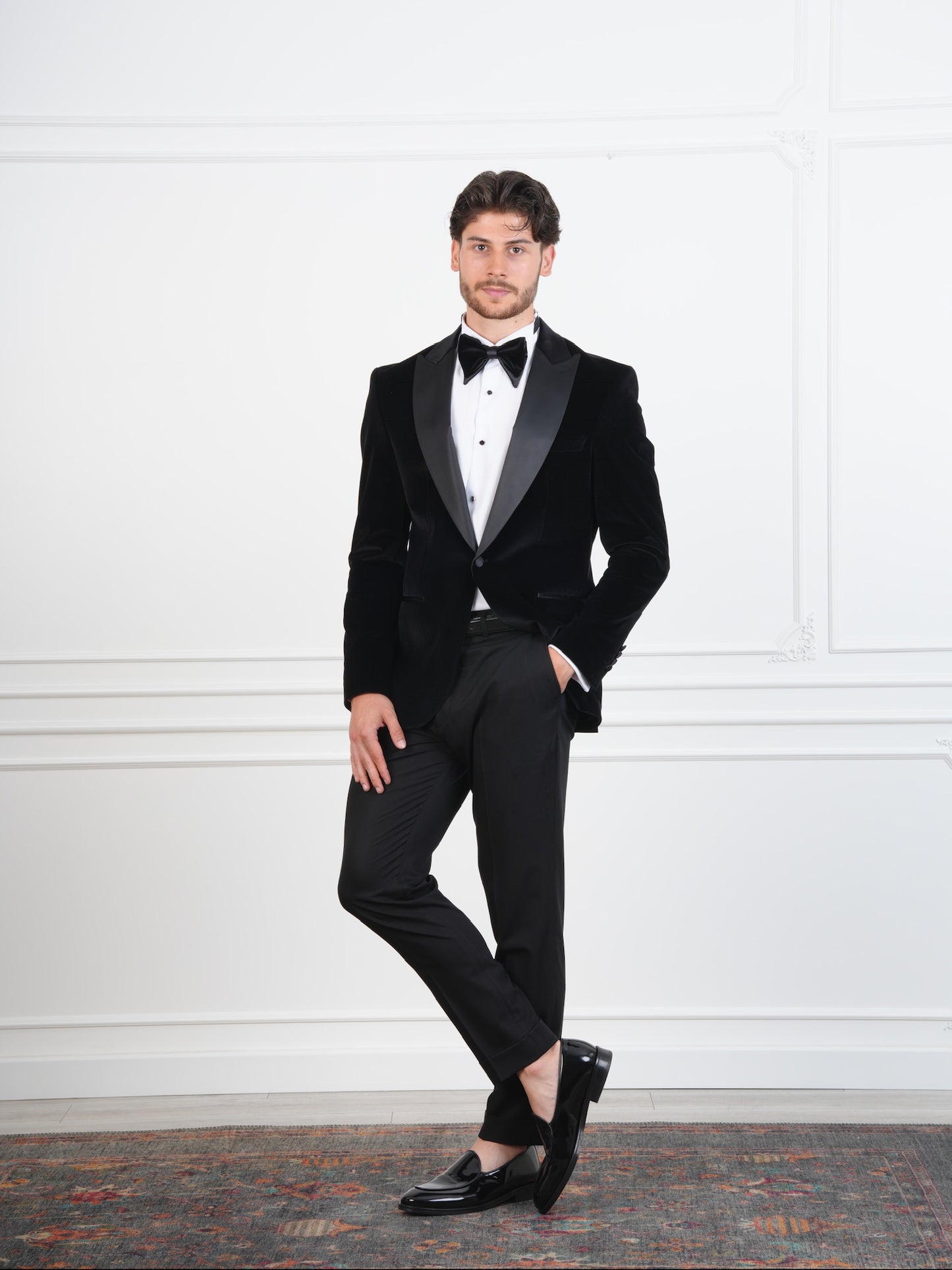 The Onyx – Black Velvet Men’s Tuxedo with Satin Peak Lapel | Groom or Formal Party Suit
